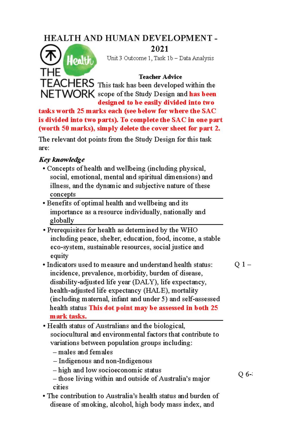 HEALTH AND HUMAN DEVELOPMENT 2021 Unit 3 Outcome 1 Task 1b Data ...