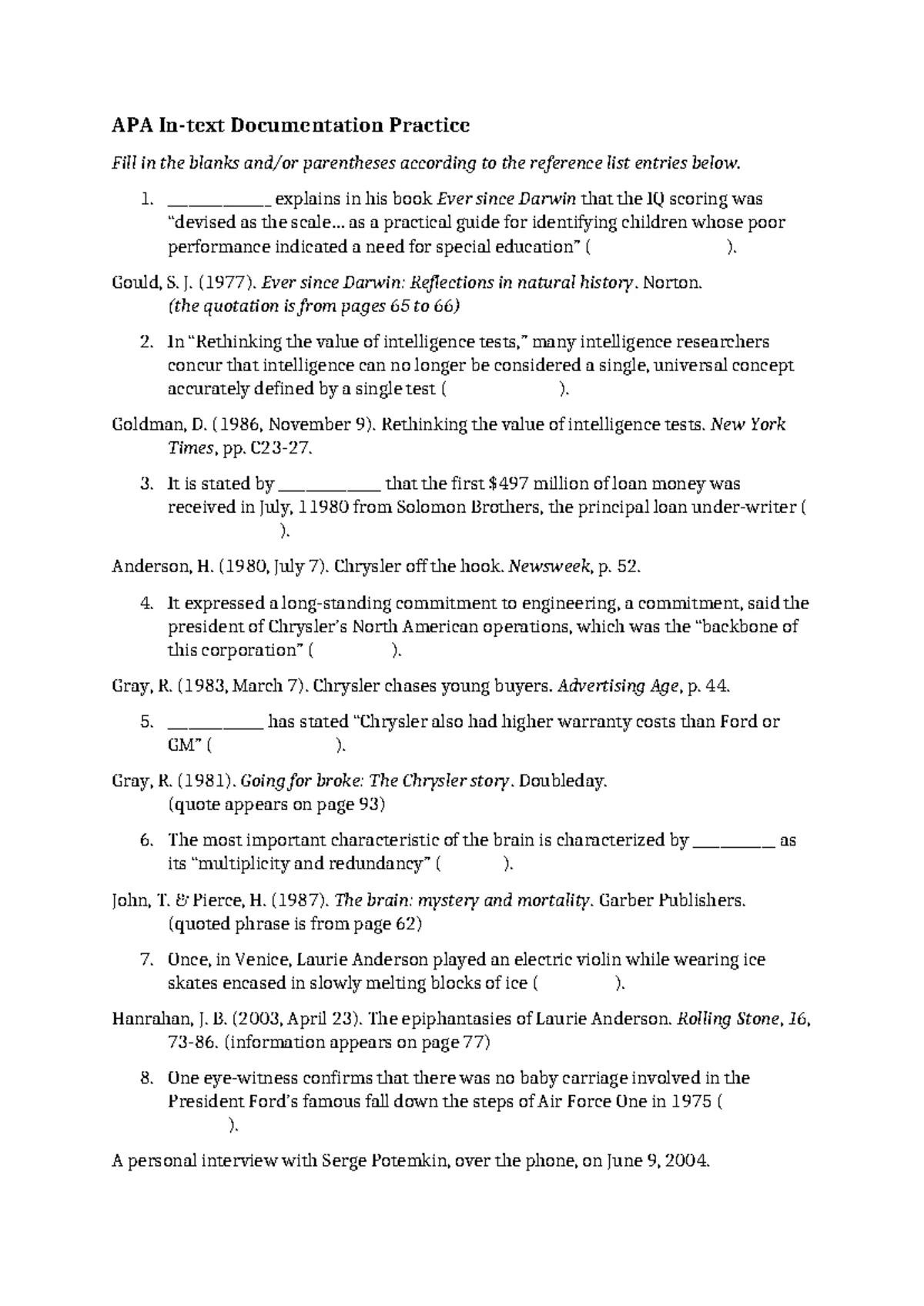 APA References Worksheet: A Comprehensive Guide - Studocu