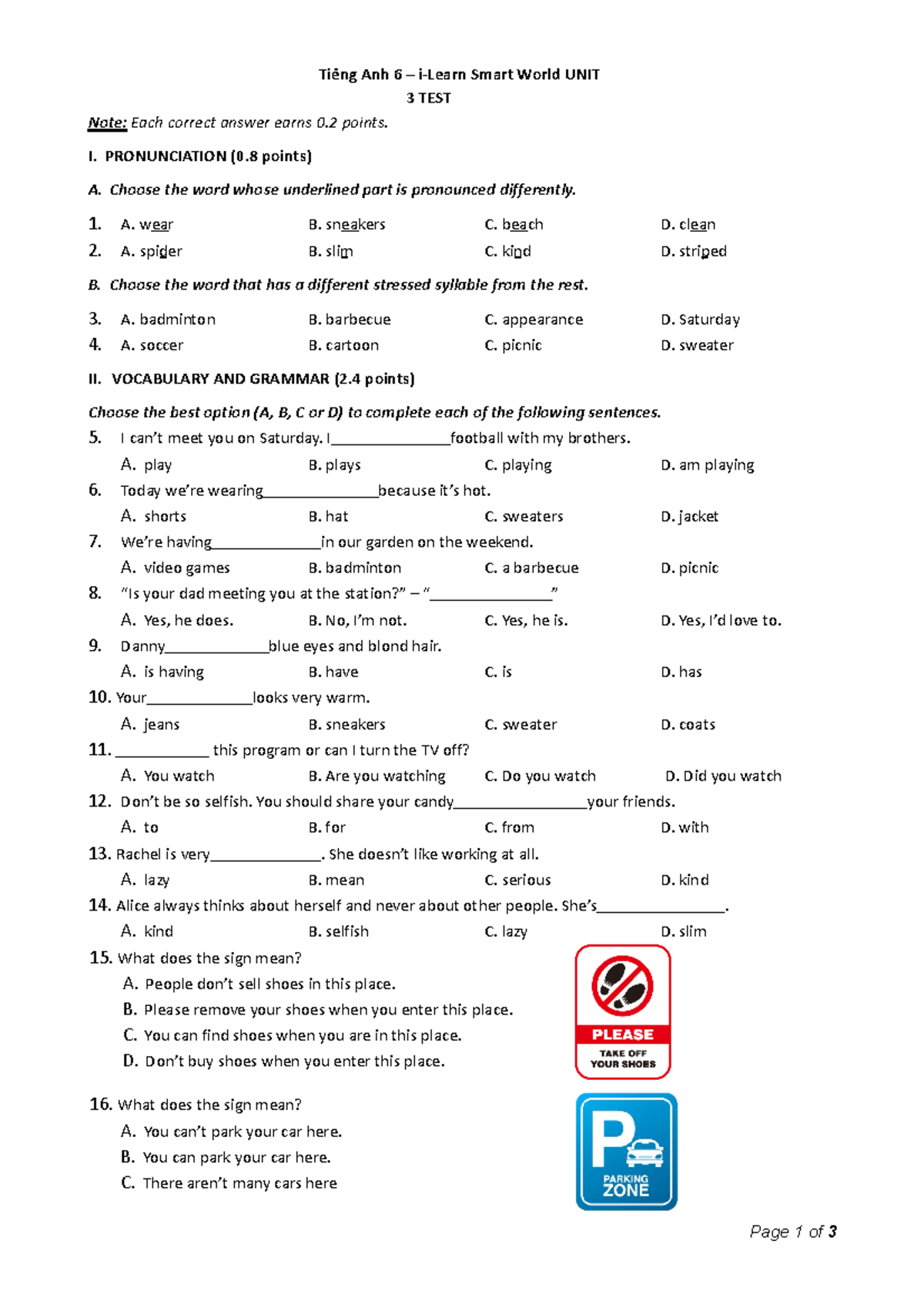 Tiếng Anh 6 Smart World - Unit 3 Test - Page 1 of 3 Tiếếng Anh 6 – i ...