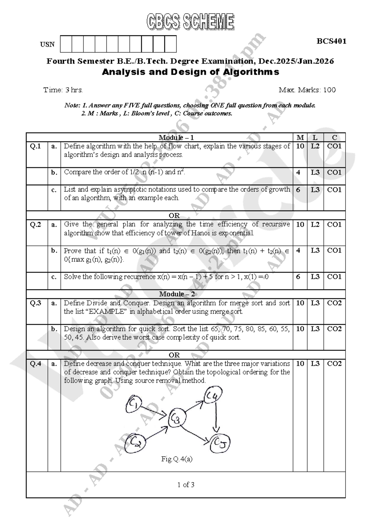 ADA BCS401 Fourth Semester Exam: Analysis & Design of Algorithms - Studocu