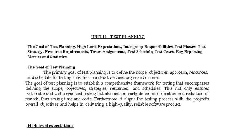UNIT II TEST PLANNING: Goals, Strategies, and Responsibilities - Studocu