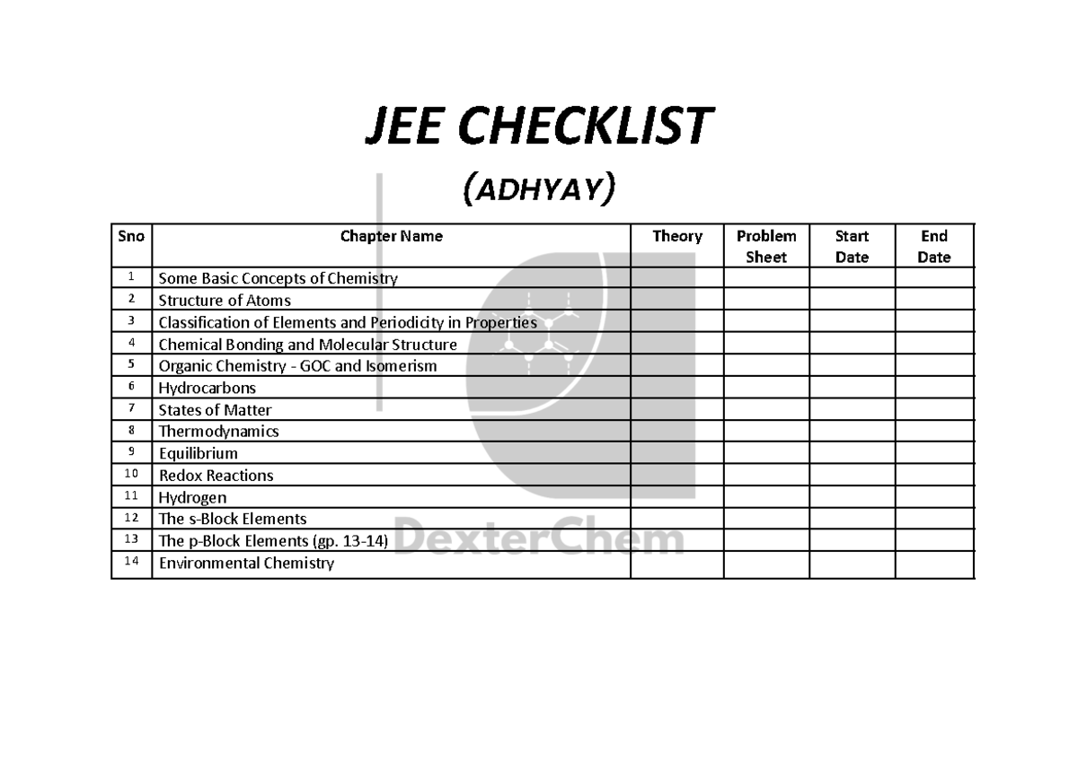 JEE Theory Checklist: Basic Concepts & Key Topics in Chemistry - Studocu
