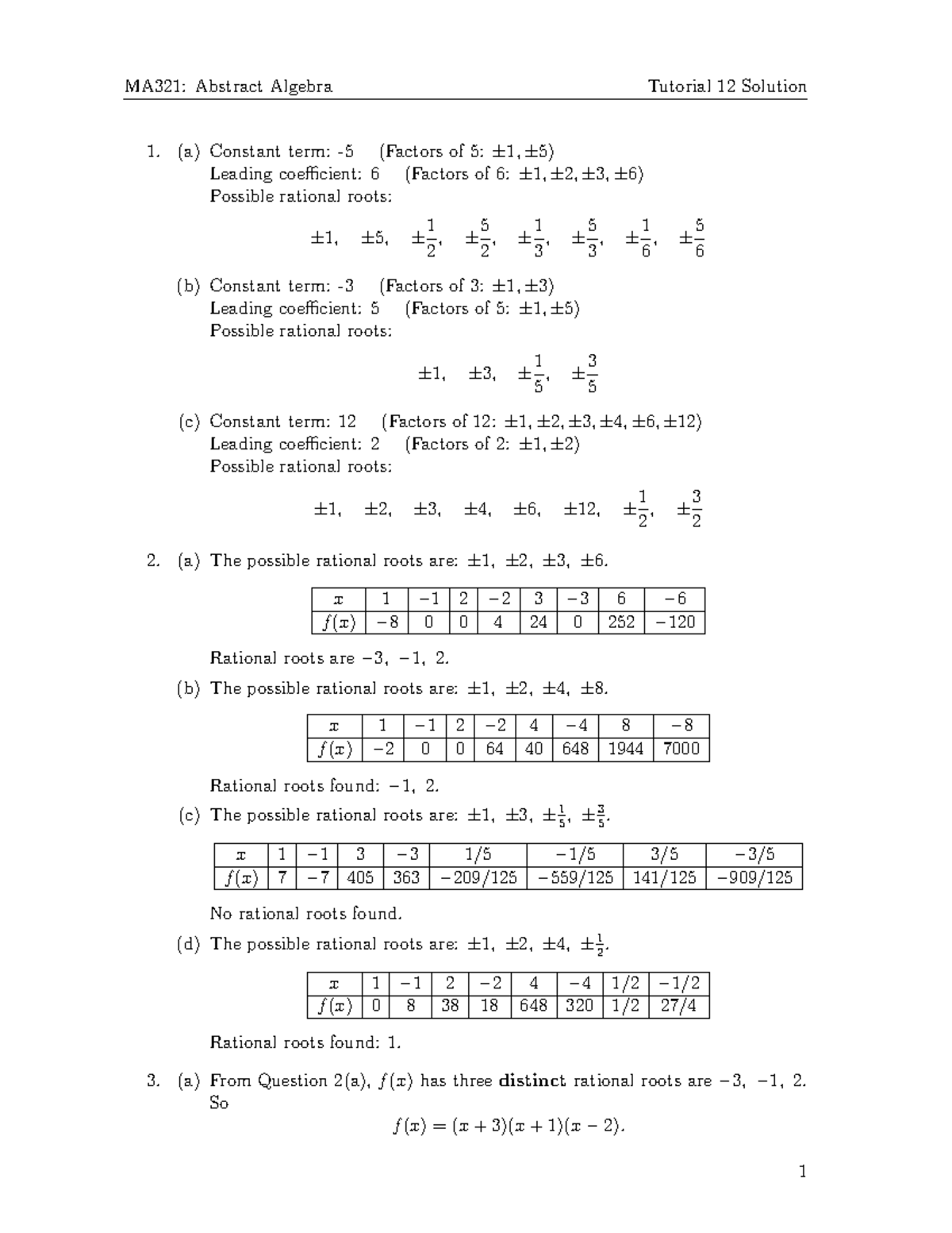 MA321: Abstract Algebra Tutorial 12 Solutions and Rational Roots ...