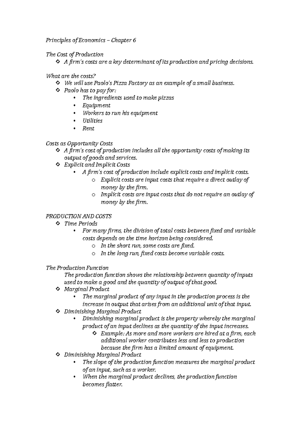 Principles of Economics: Chapter 6 - The Cost of Production Explained -  Studeersnel