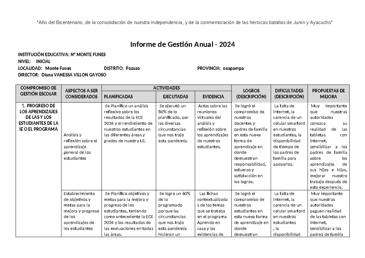 Modelo De Informe De Gestion Anual 2024