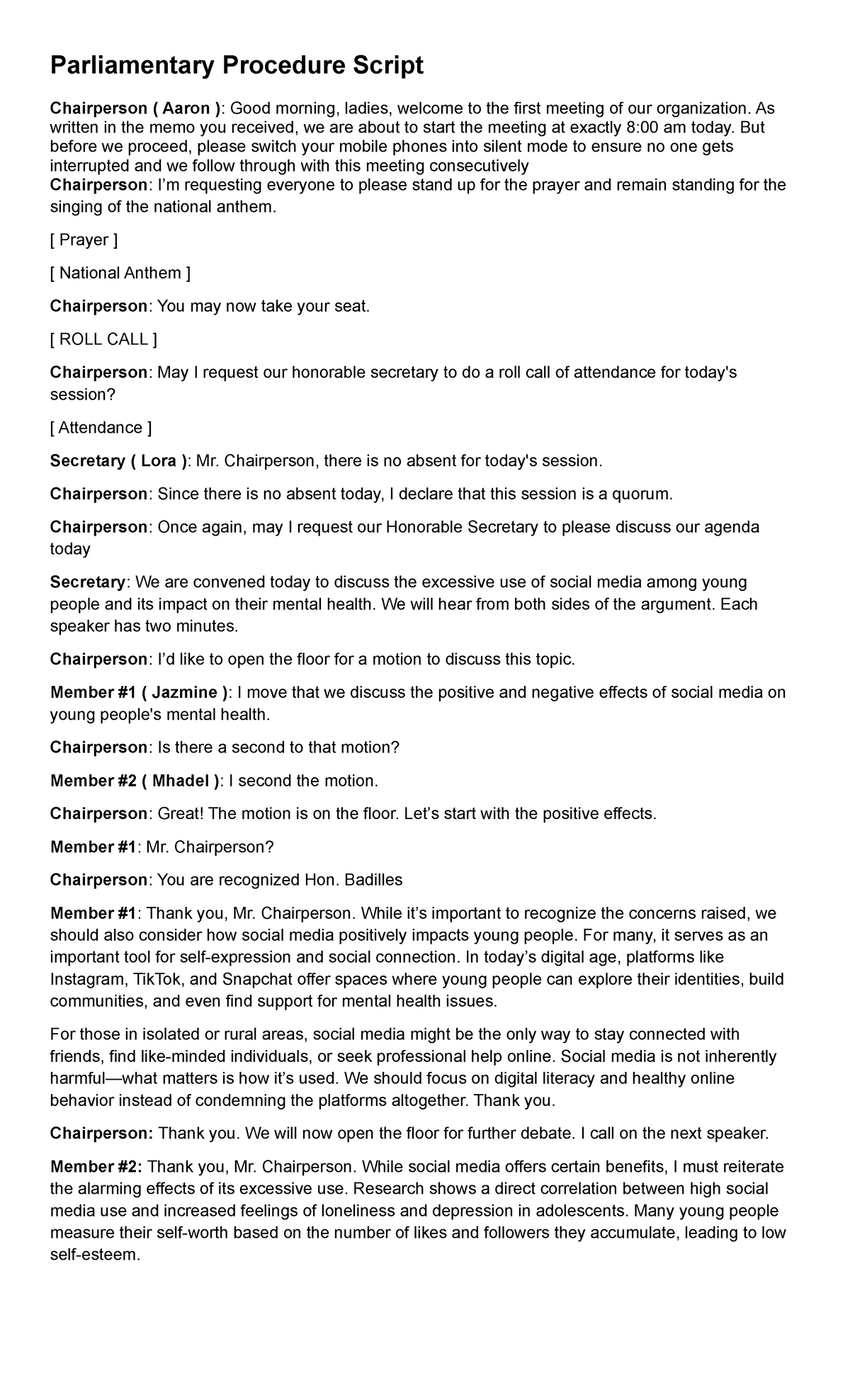 Parliamentary Procedure Script: Social Media's Impact on Youth Mental ...