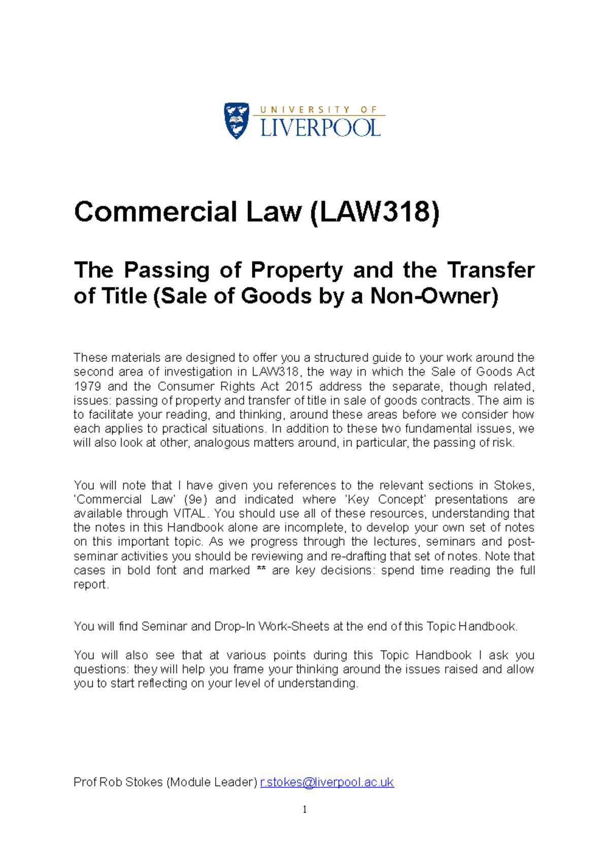 Commercial Law (LAW318): Passing of Property & Title Transfer Handbook ...