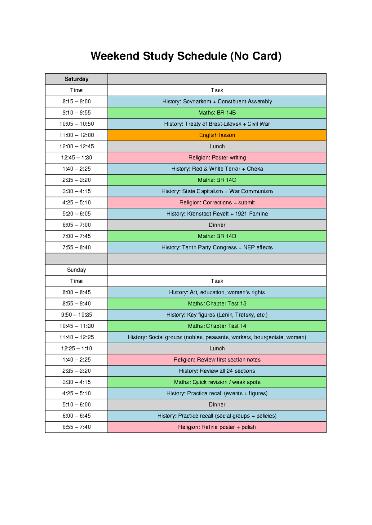 Weekend Study Schedule: History & Maths Focus - Studocu
