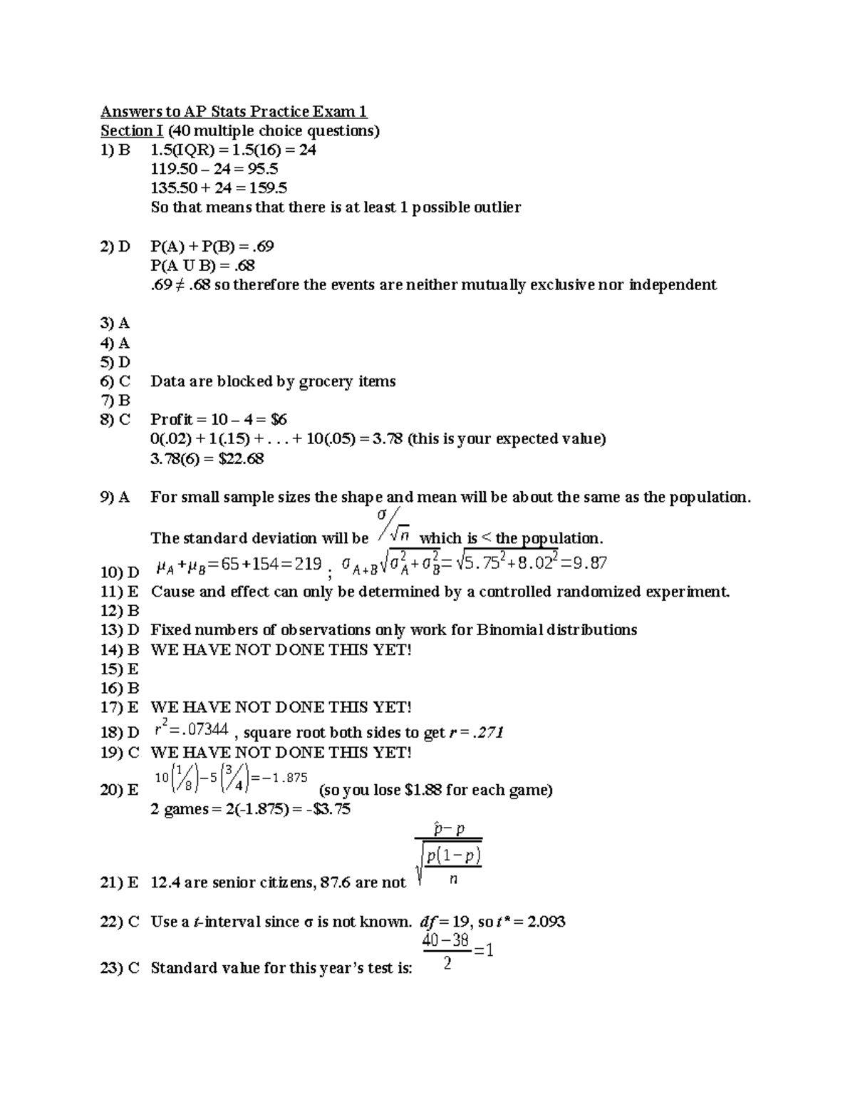 AP Stats Practice Exam 1: Detailed Answer Key and Explanations - Studocu