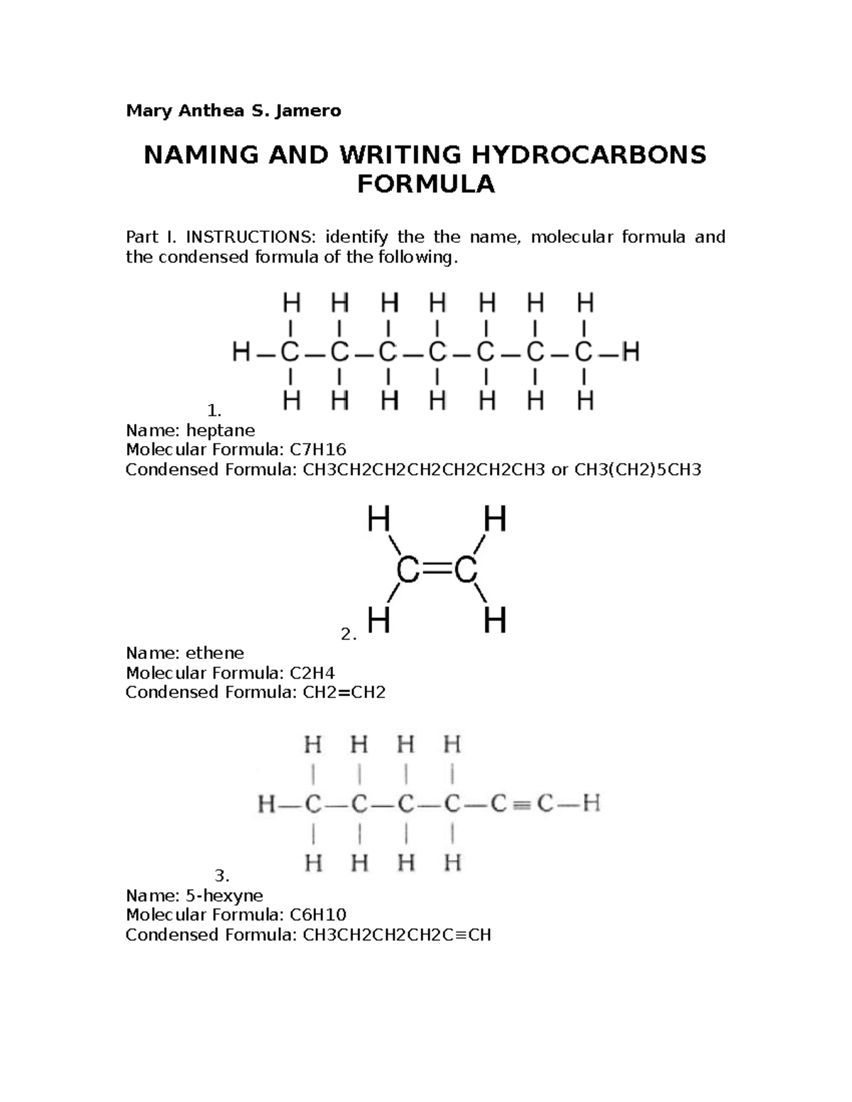 Assignment in naming and Writing Hydrocarbon formula - nursing - Mary ...