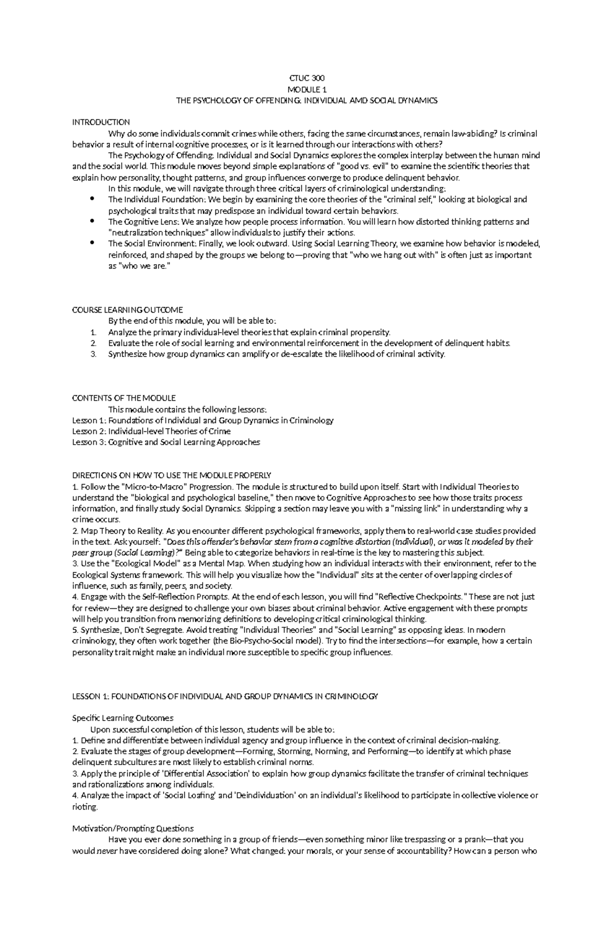 CTUC 300 MODULE 1: THE PSYCHOLOGY OF OFFENDING - INDIVIDUAL AND SOCIAL ...