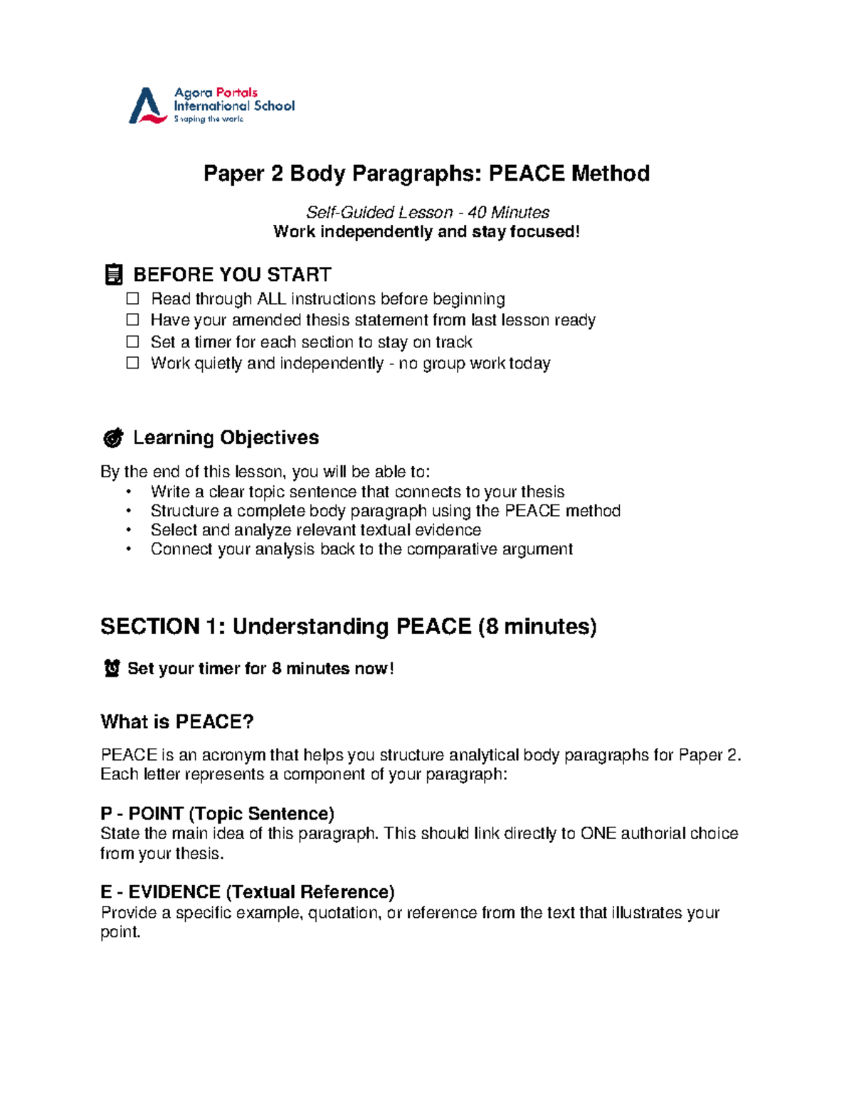 Paper 2: Self-Guided PEACE Method Lesson for Body Paragraphs - Studocu