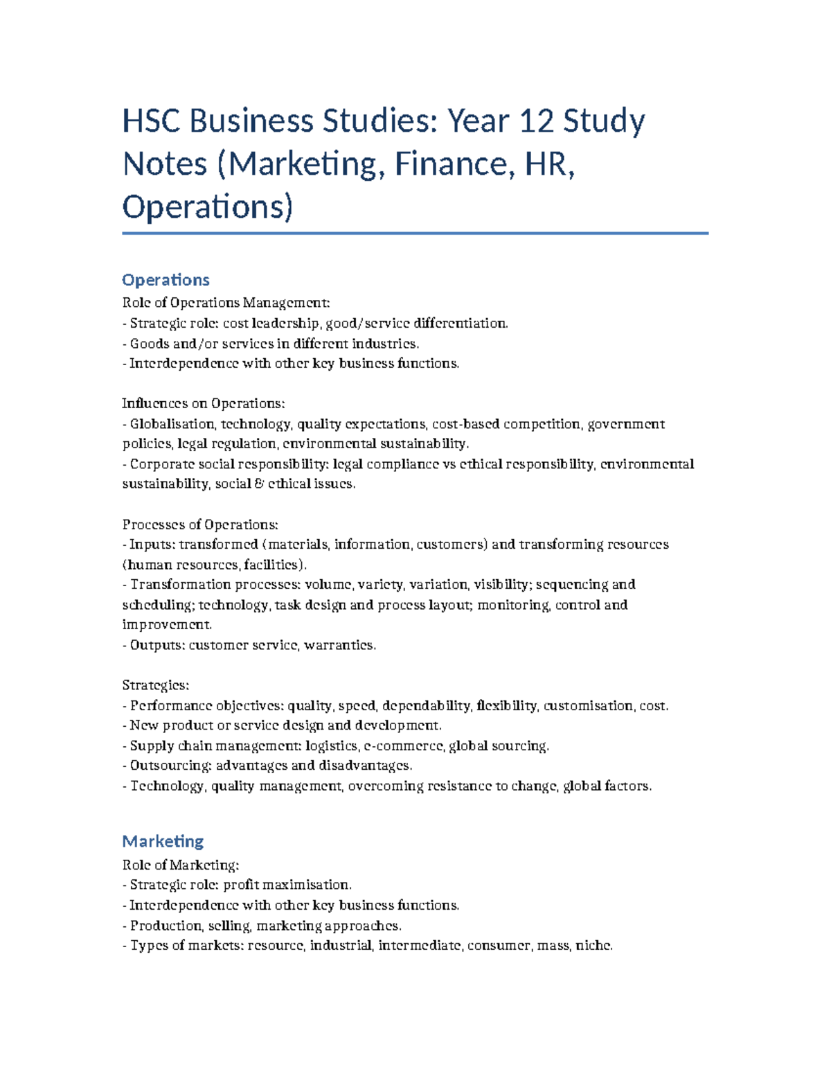 HSC Business Studies Year 12: Comprehensive Study Notes on Marketing ...