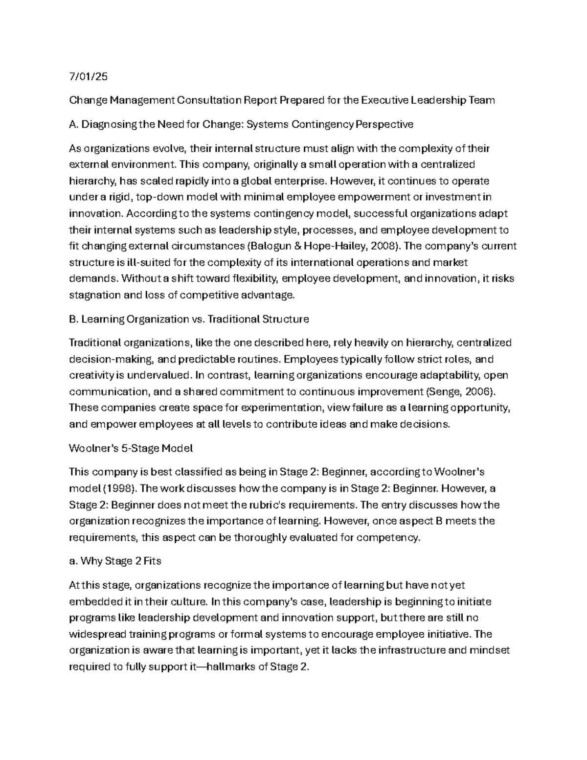 Change Management Consultation Report: Transforming to a Learning ...