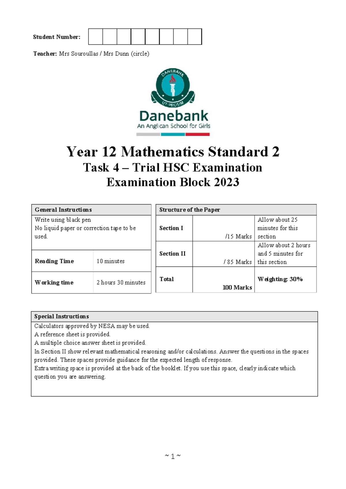 Abbotsleigh 2024 HSC Maths Standard 2 Trials: Complete Solutions - Studocu