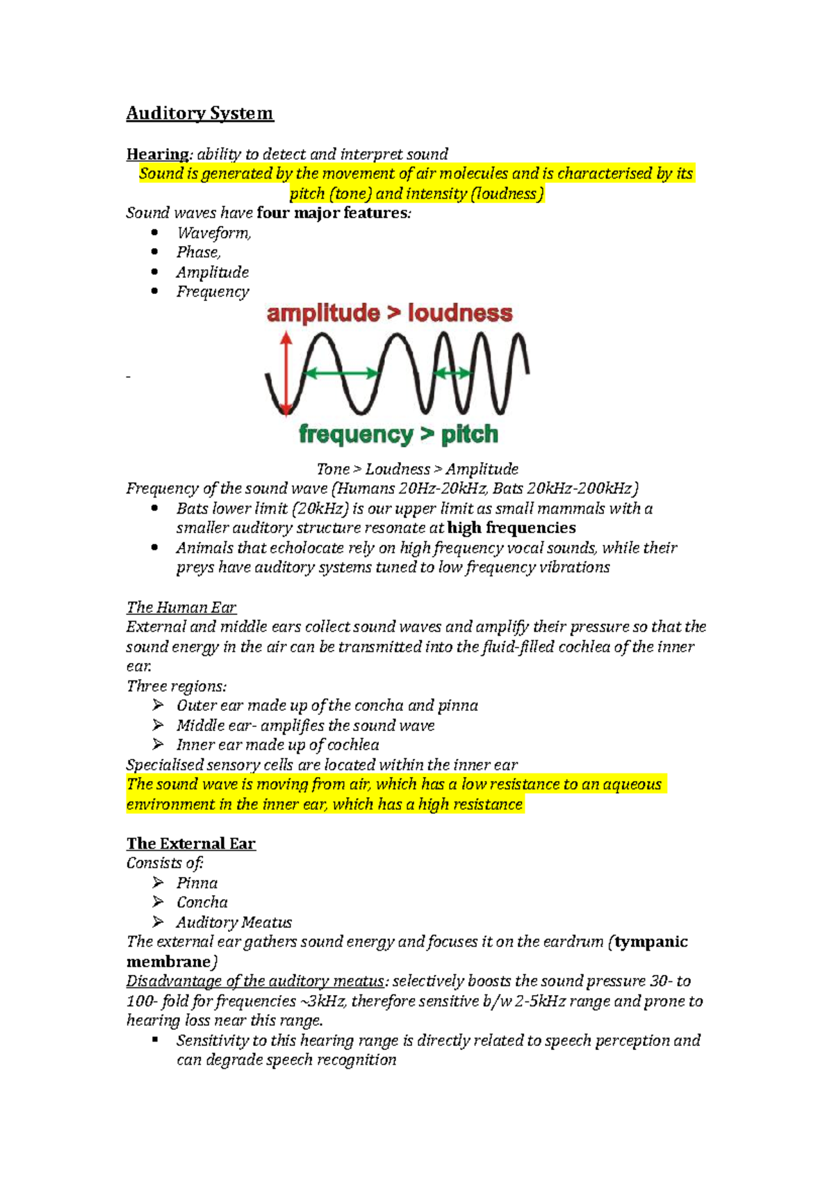 Auditory System - Lecture Notes 1: Structure & Function of the Ear ...