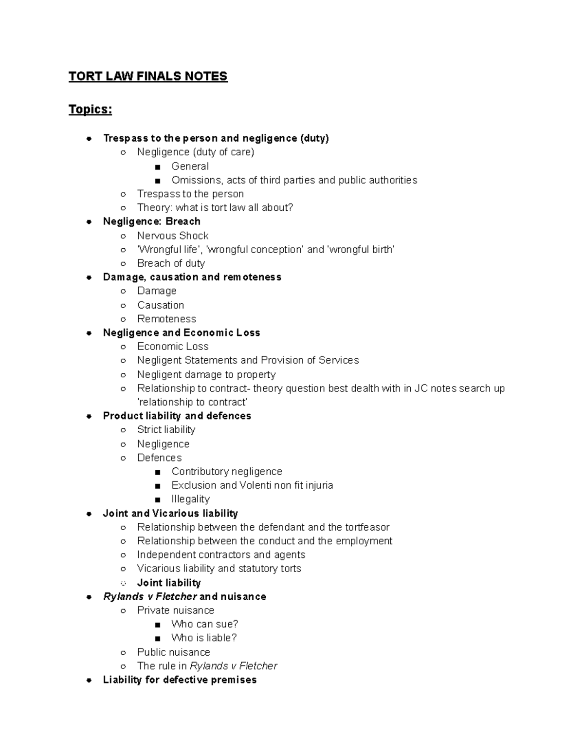 Tort Law Final Exam Notes - Comprehensive Summary and Analysis - Studocu