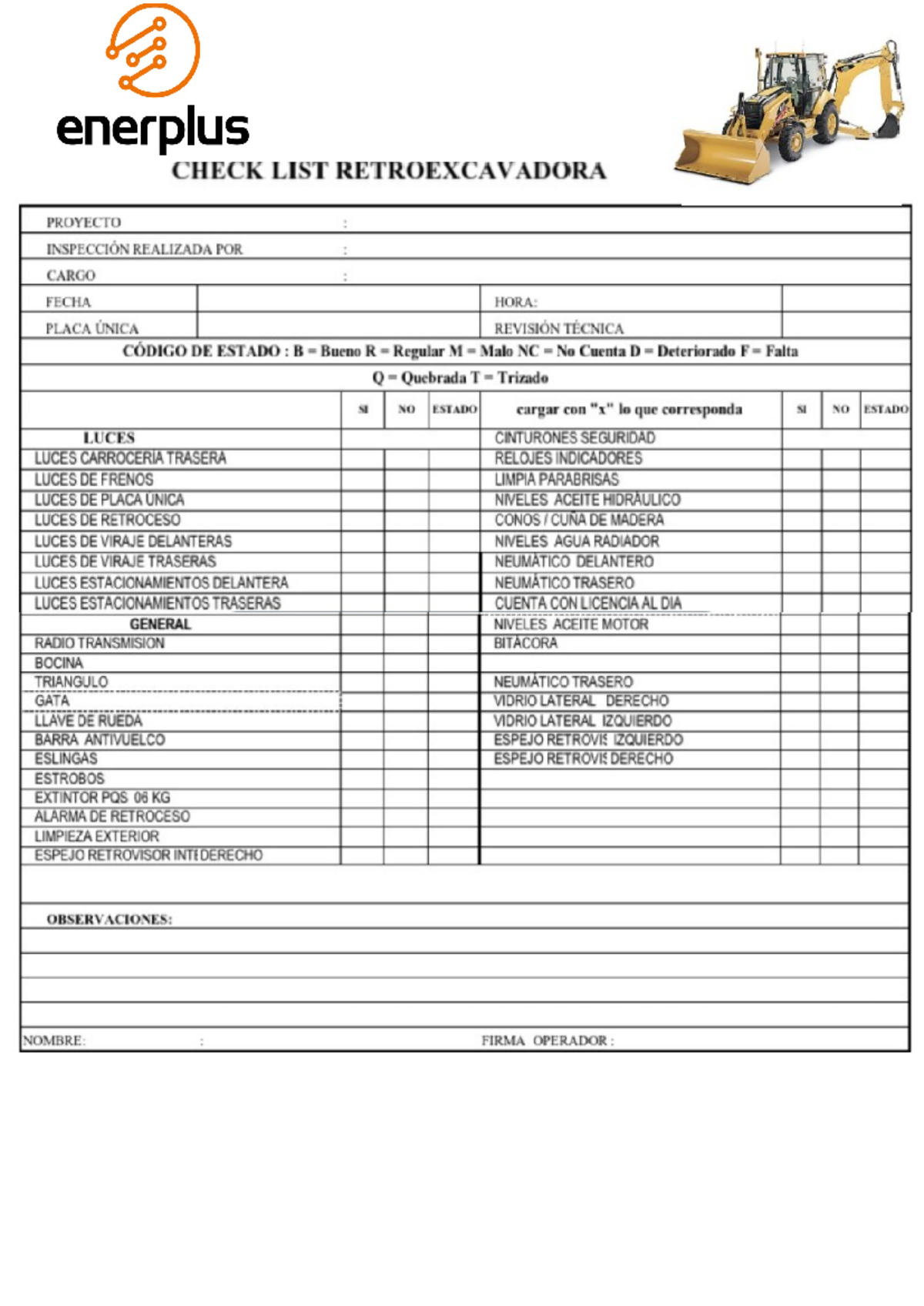 Retro - enerplus CHECK LIST RETROEXCAVADORA PROYECTO INSPECCIÓN ...