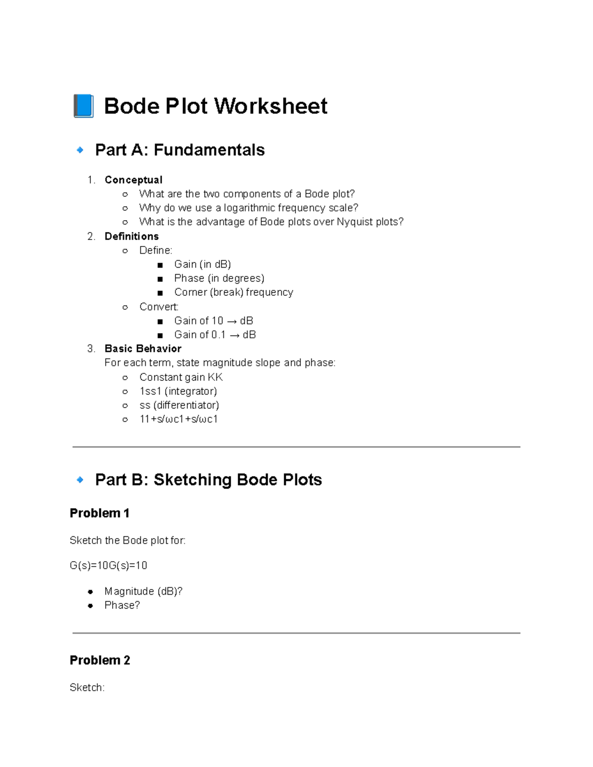 Bode Plot Worksheet Part A & B: Fundamentals & Sketching - Studocu