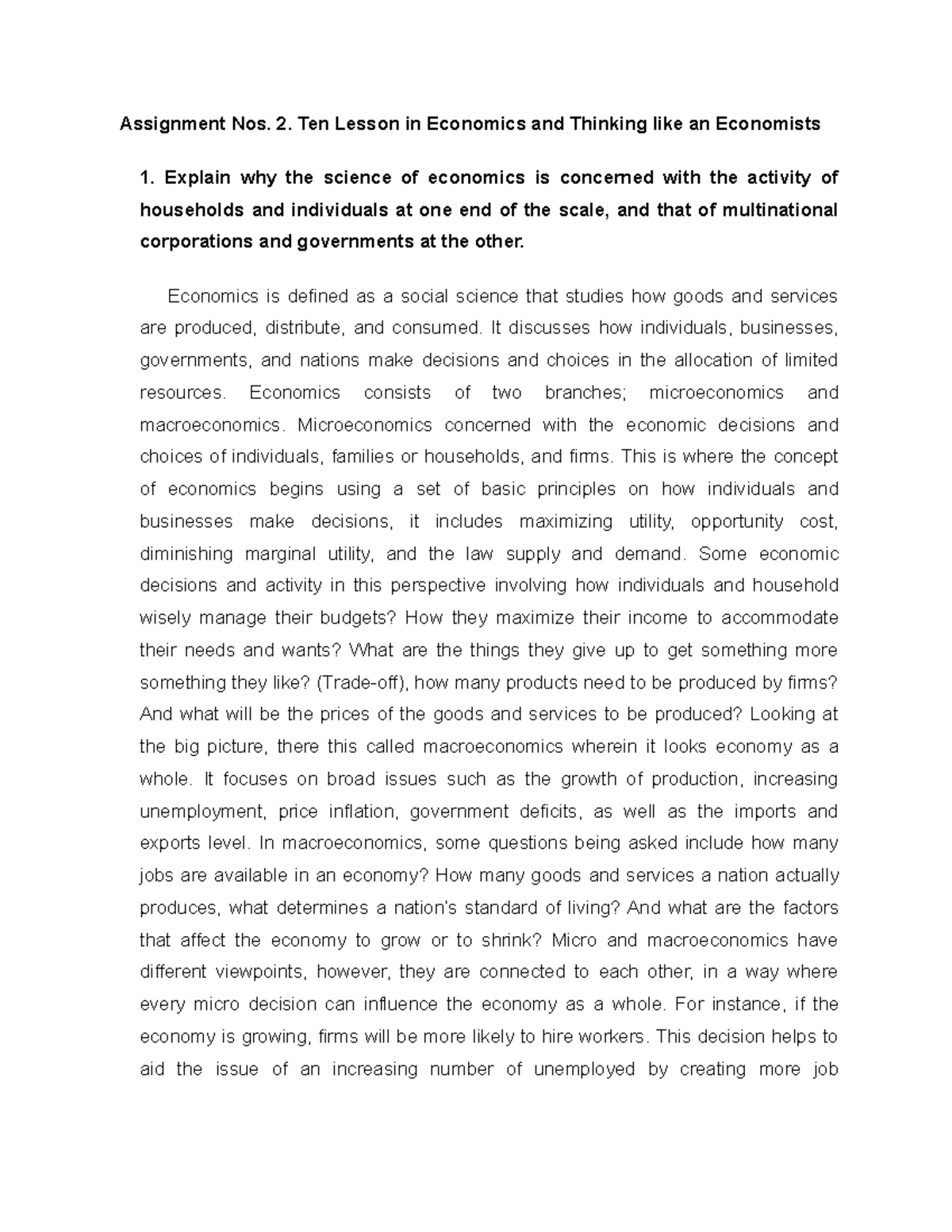 Assignment Nos. 2- Ten Lesson in Economics and Thinking like an ...