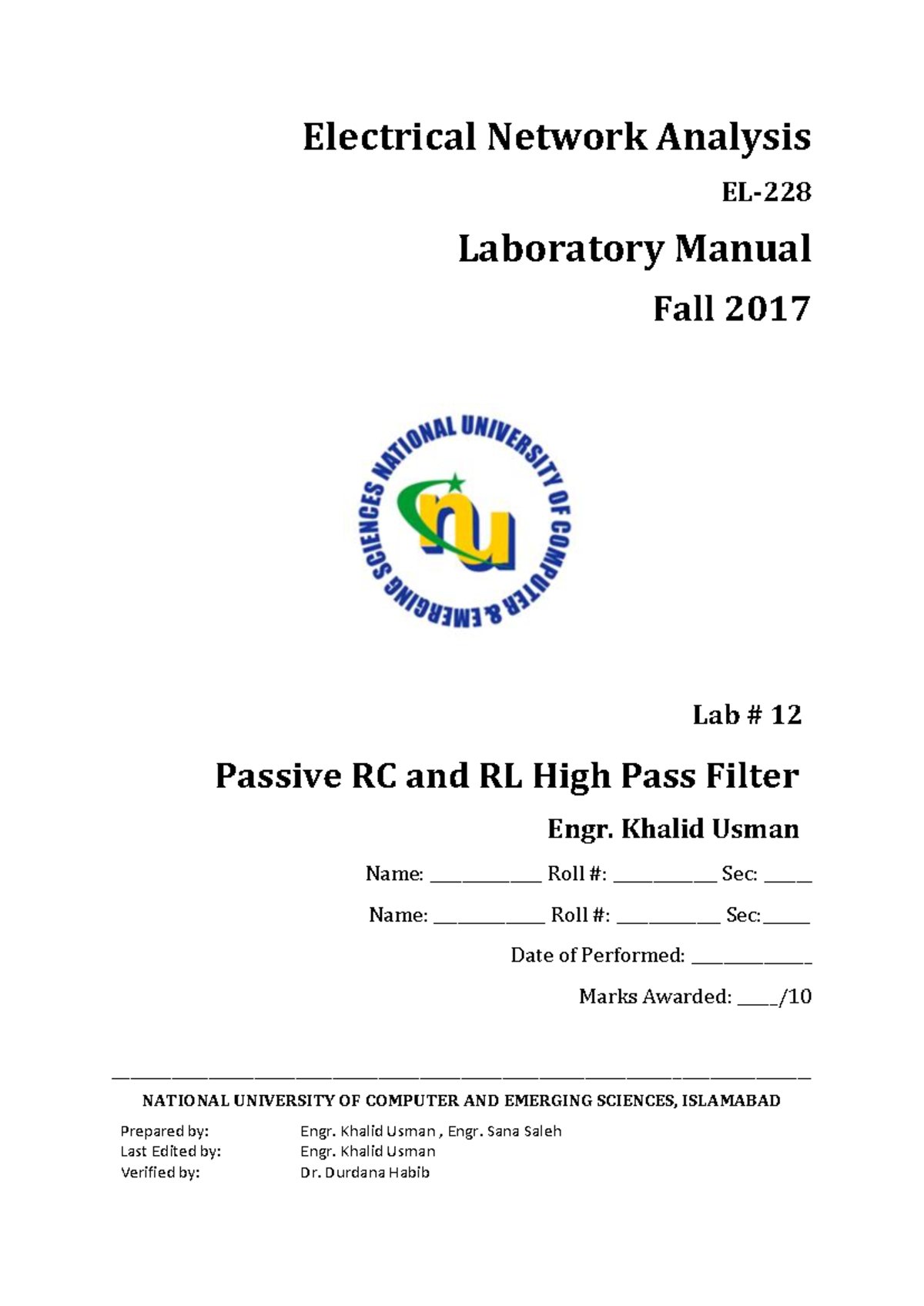 ENA-LAB 12 - Passive RC & RL High Pass Filter Lab Manual - Studocu