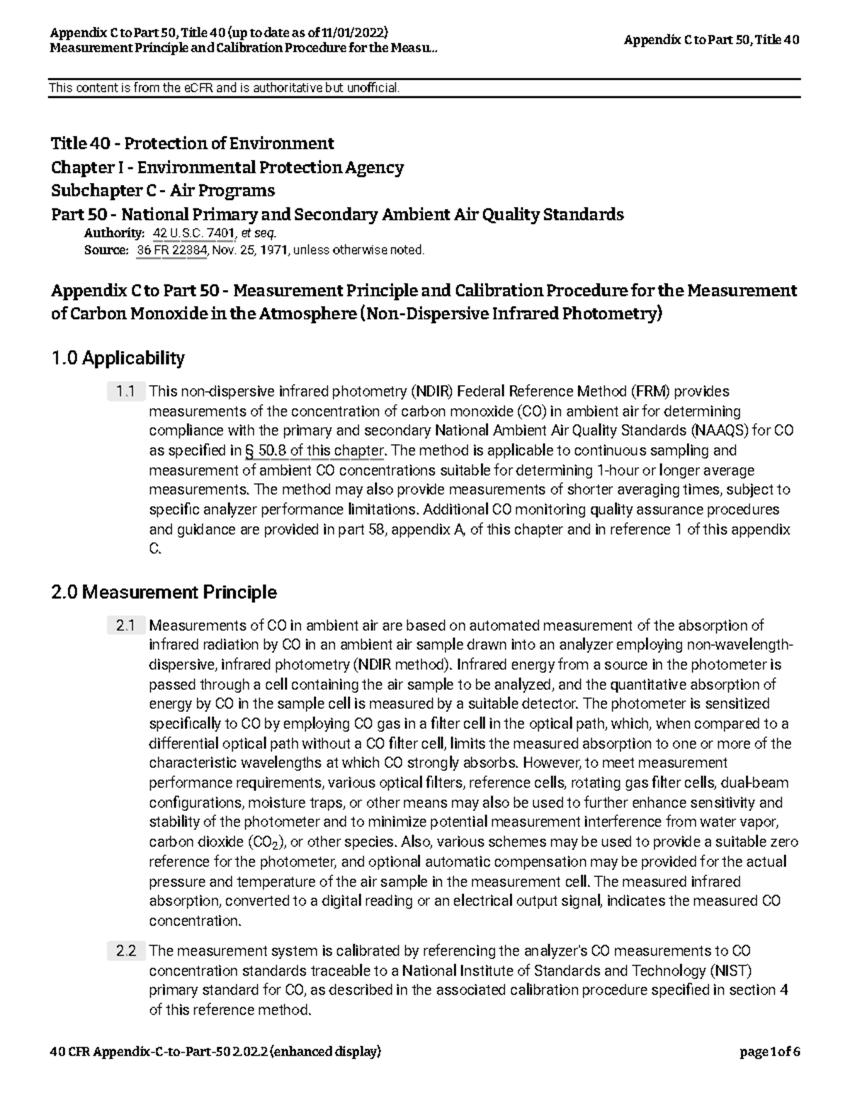 Measurement Principle and Calibration Procedure for CO - Appendix C, 40 ...