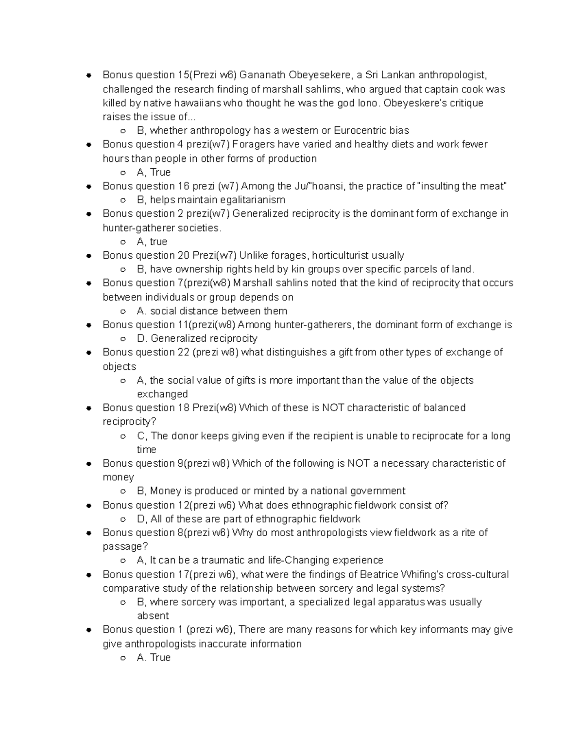 Anthropology Exam 2: Bonus Questions Overview (Prezi w6 & w7) - Studocu