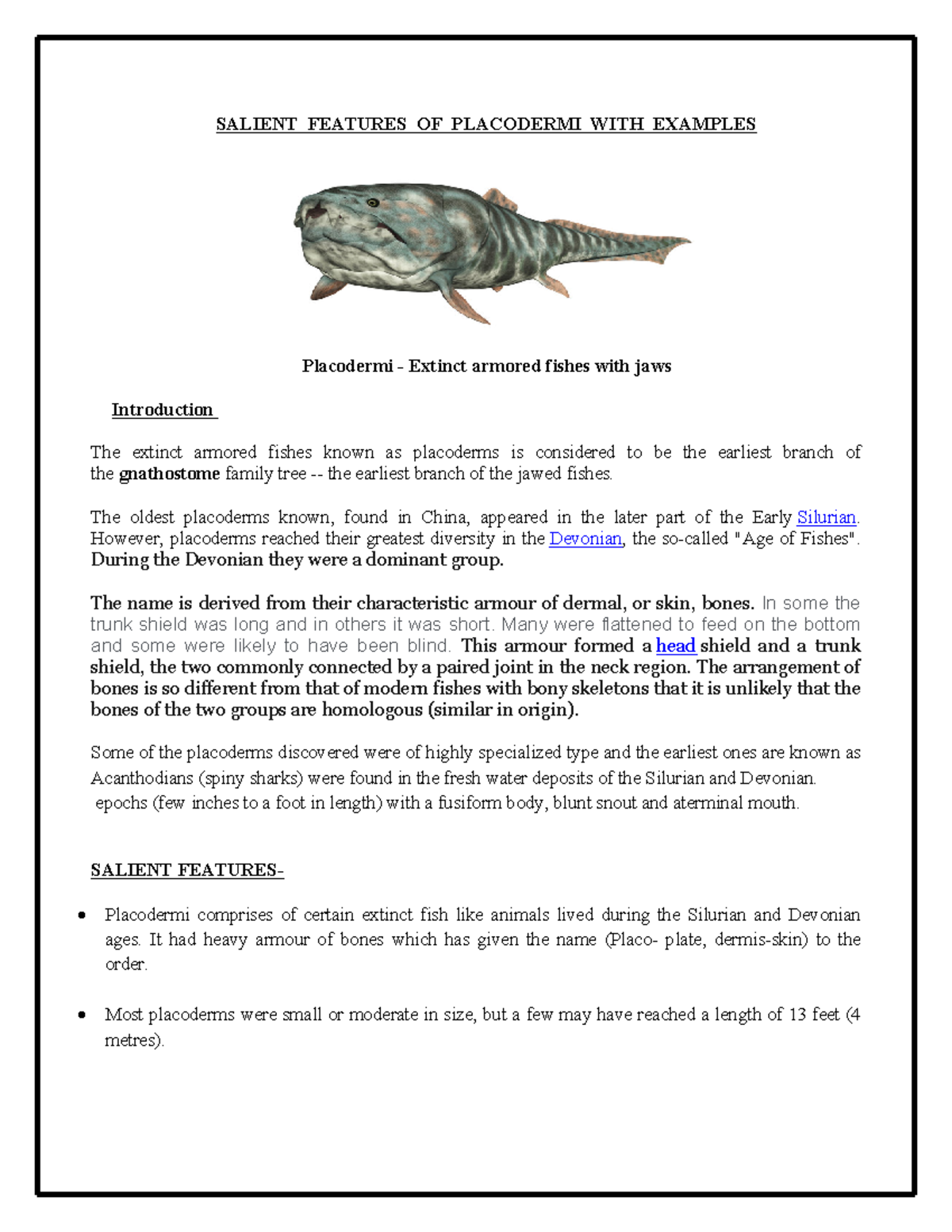 Salient Features of Placodermi: Extinct Armored Fishes Explained - Studocu
