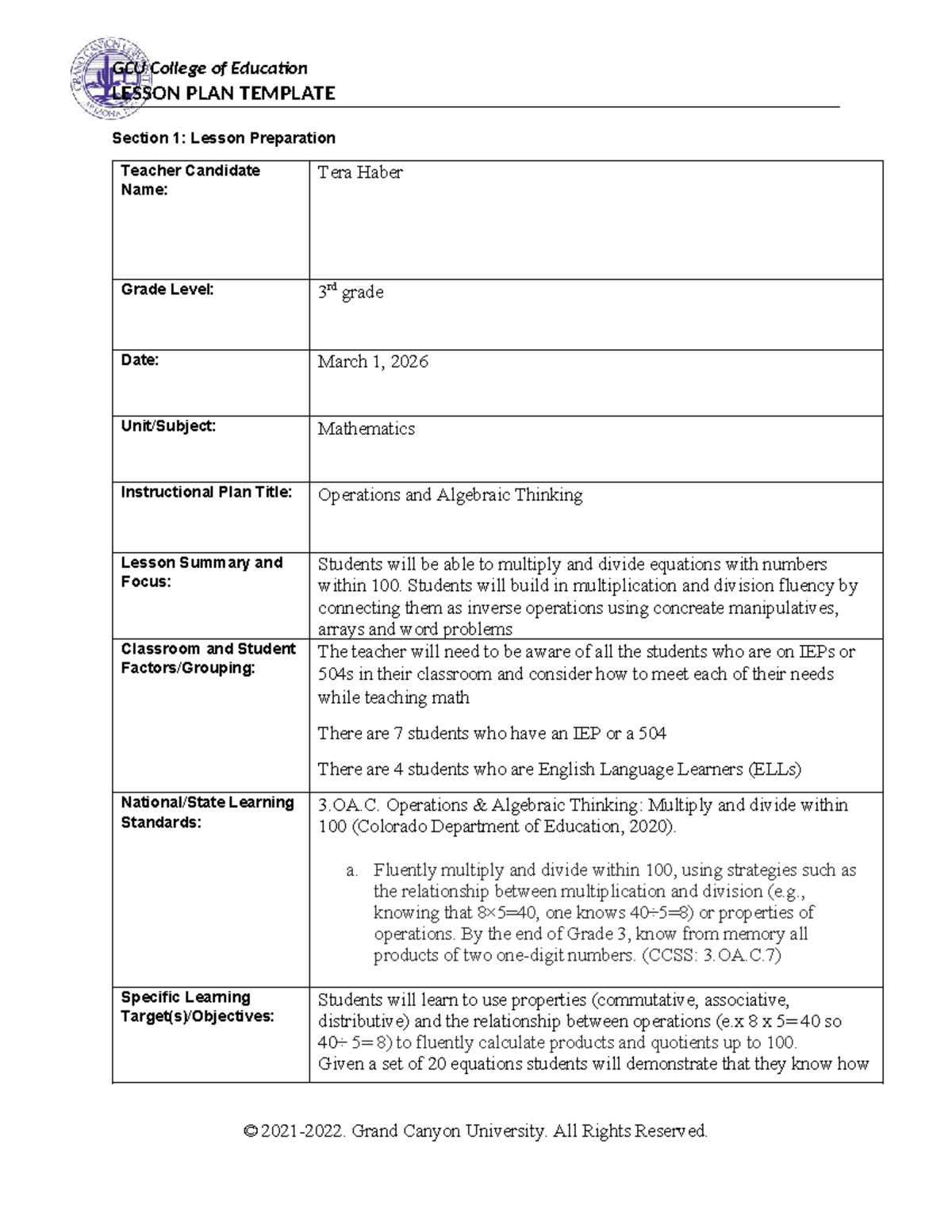 GCU College of Education 3rd Grade Math Lesson Plan: Operations ...