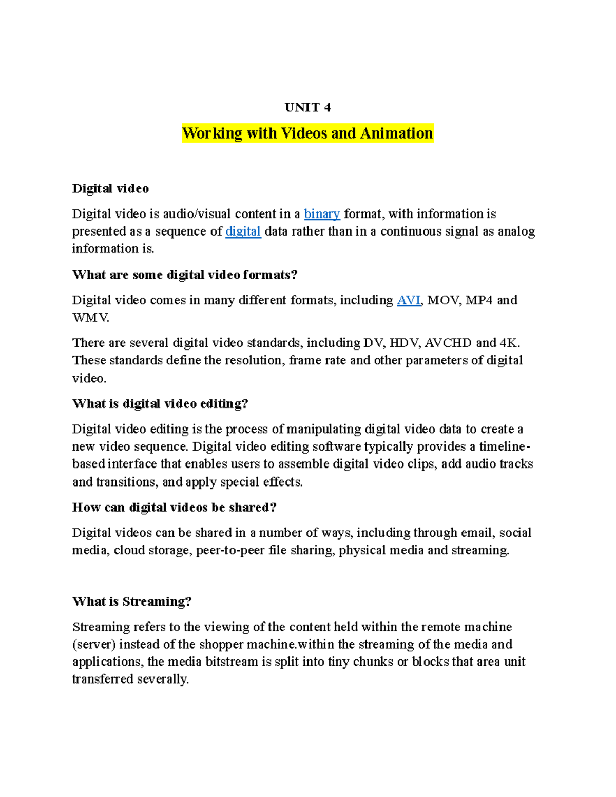 AMT UNIT 4 - ........ - UNIT 4 Working with Videos and Animation ...