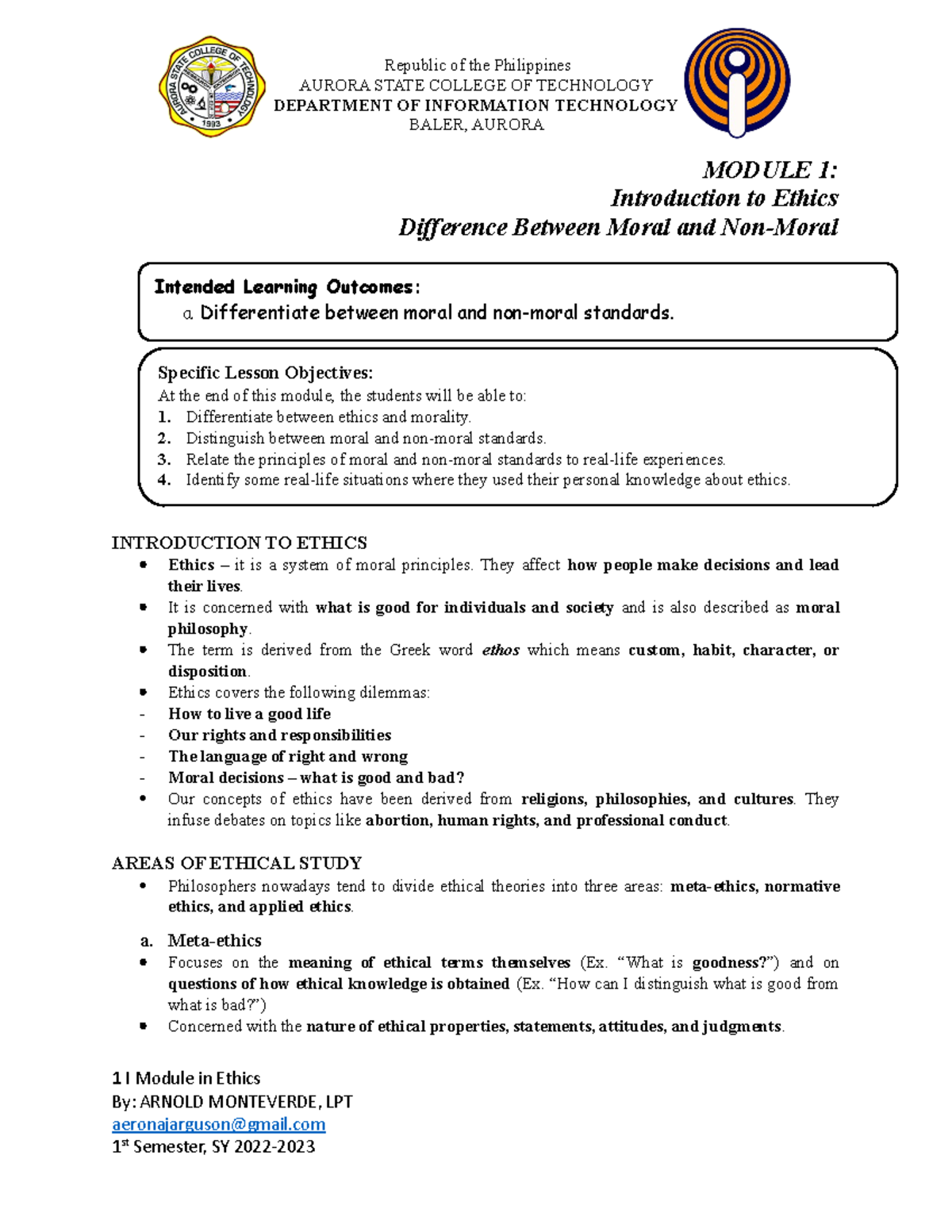Module 1: Introduction to Ethics and Moral Standards Analysis - Studocu