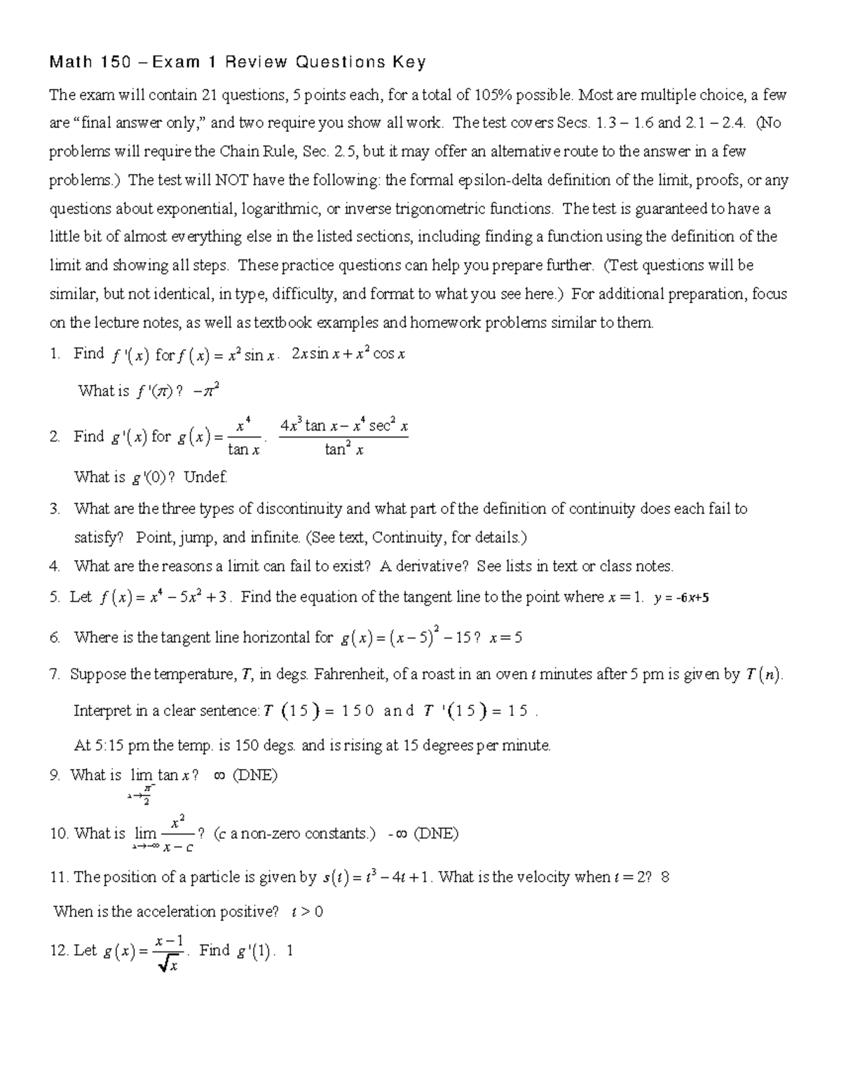Math 150 Exam 1 Review Questions & Answers Key - Studocu