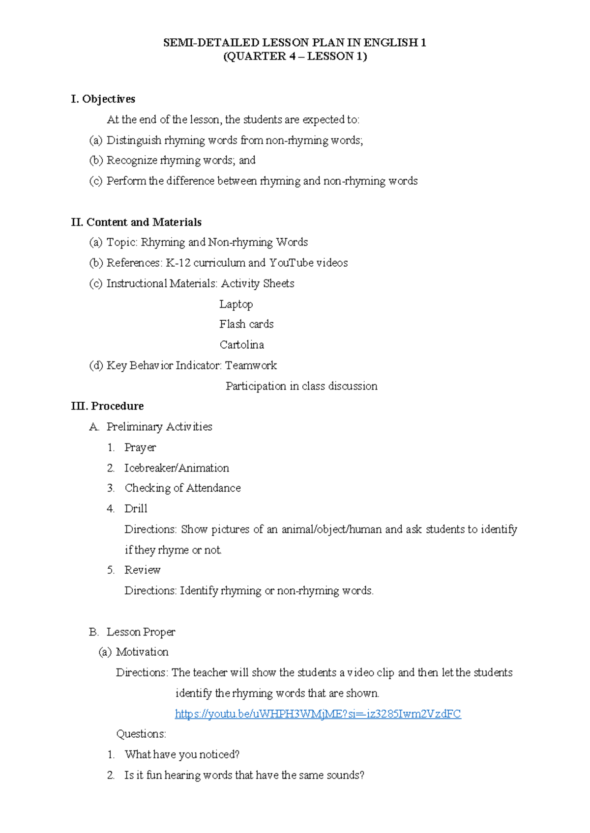 English 1 - Lesson Plan 1 (Q4) - Rhyming vs Non-Rhyming Words - Studocu