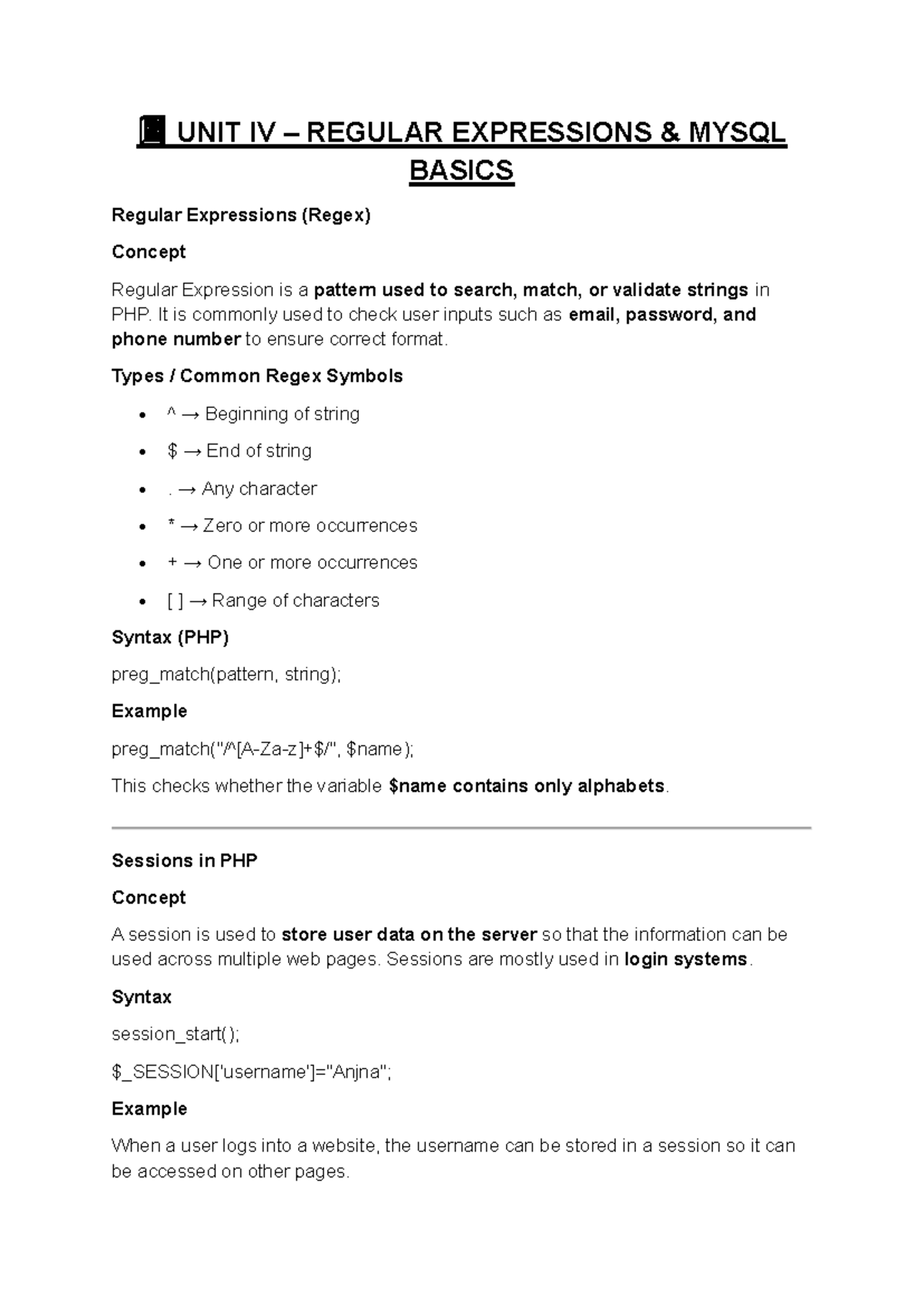 4. WP UNIT IV & V - PHP & MySQL Regex, Sessions, Cookies Notes - Studocu