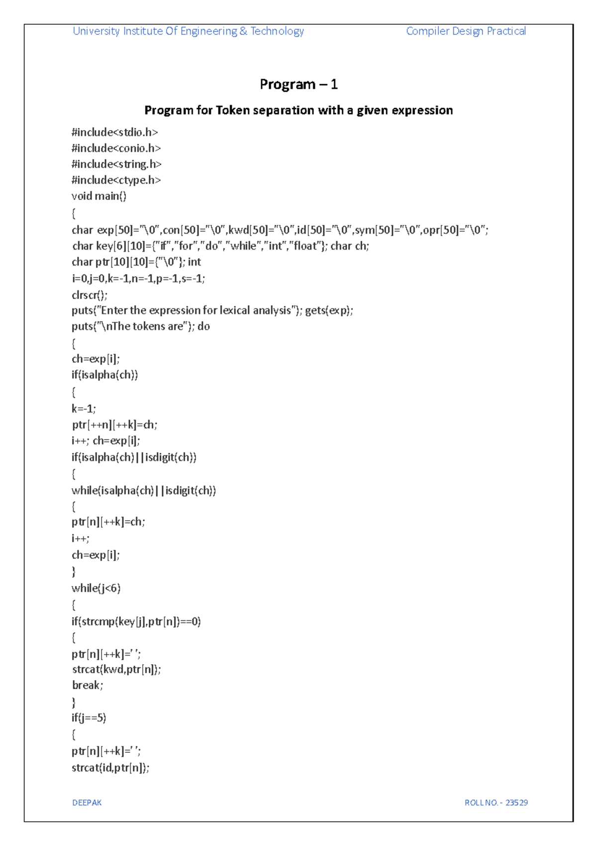 Compiler Design Practical Programs: Token Separation & Lexical Analysis ...