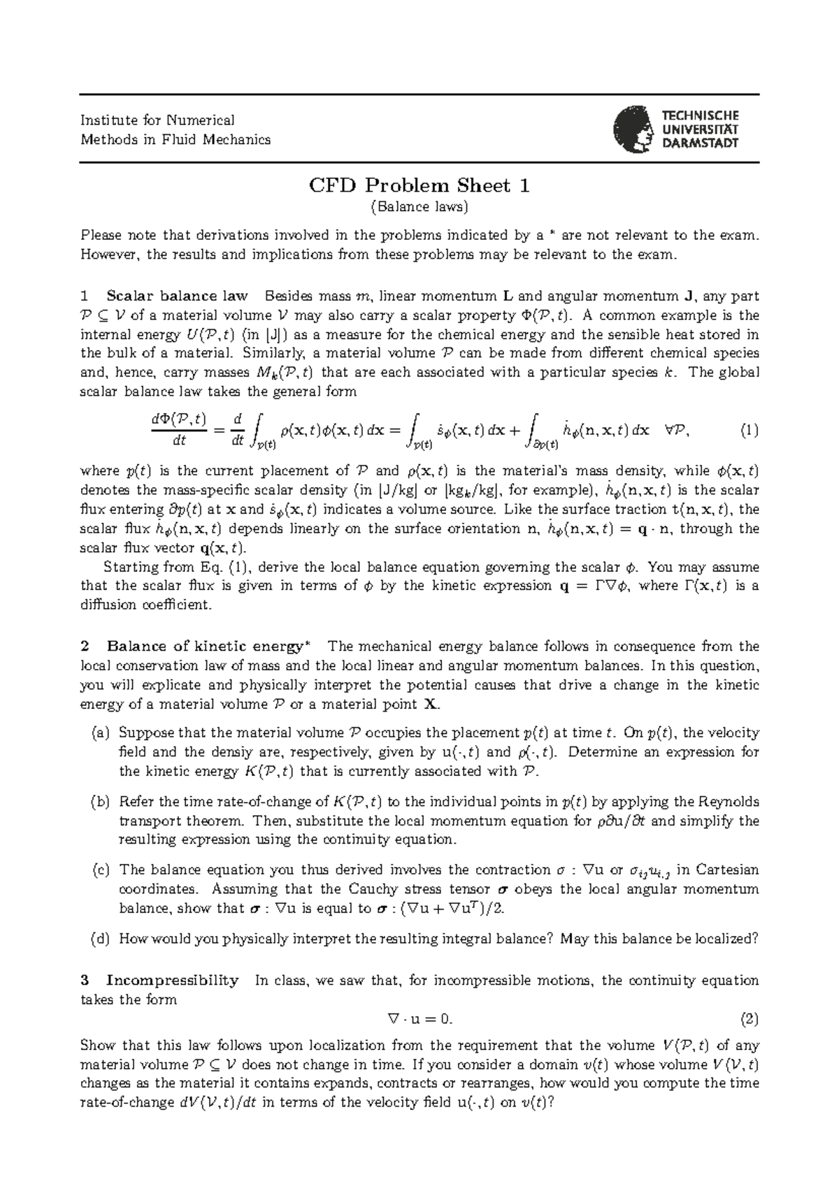 CFD Problem Sheet 1: Scalar Balance Laws & Kinetic Energy Analysis (E1 ...