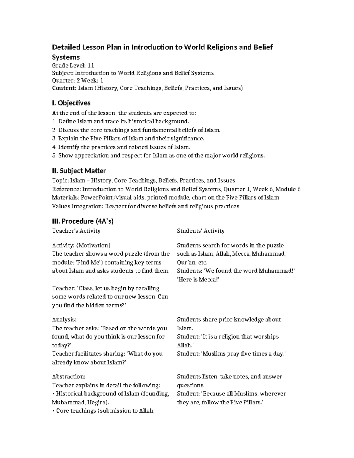 Detailed Lesson Plan: Islam - Intro to World Religions (Grade 11) - Studocu