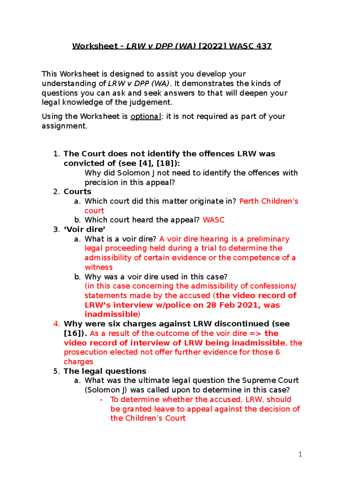 Worksheet - LRW v DPP (WA) WASC 437: Legal Analysis & Key Questions ...