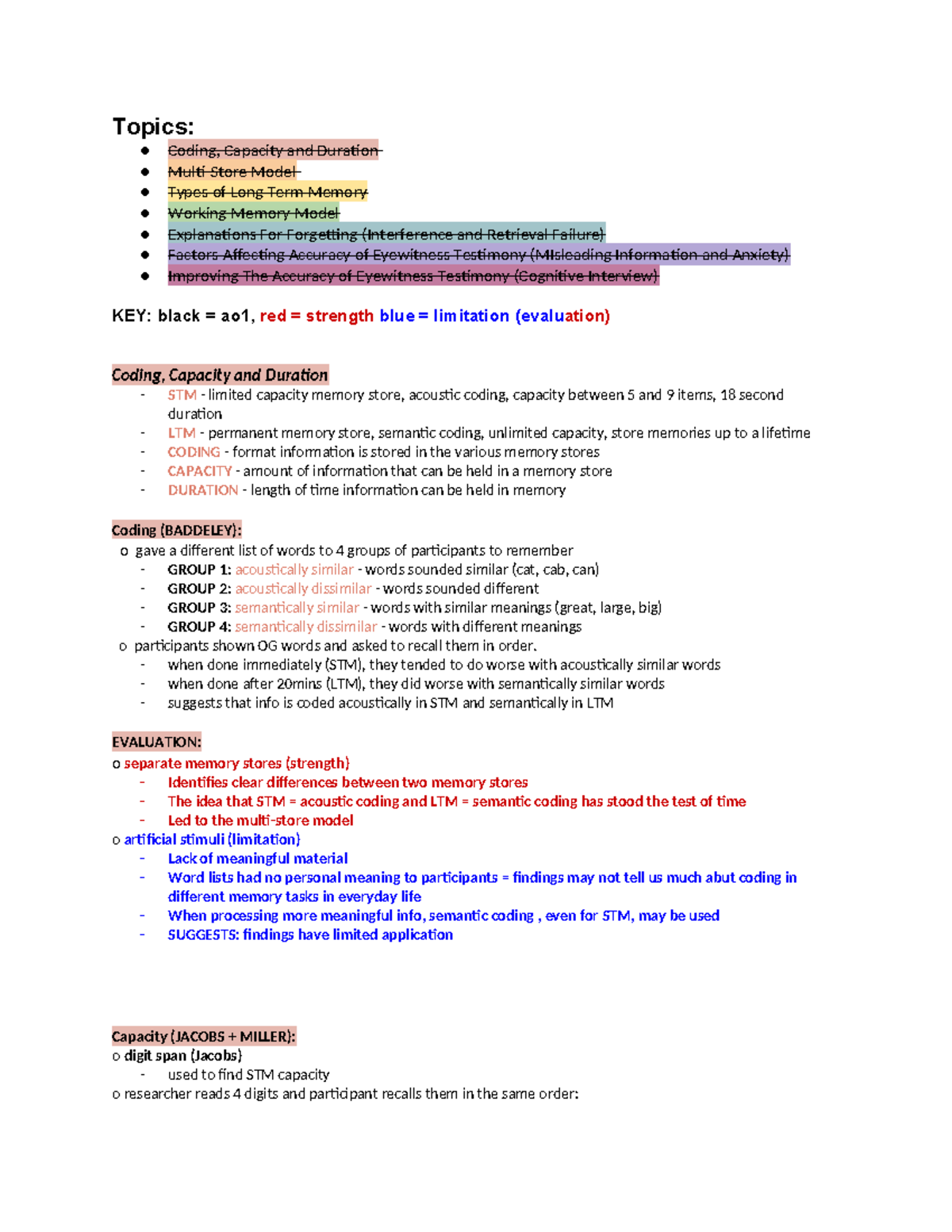 A-Level Psychology Paper 1 - Comprehensive Memory Revision Notes - Studocu