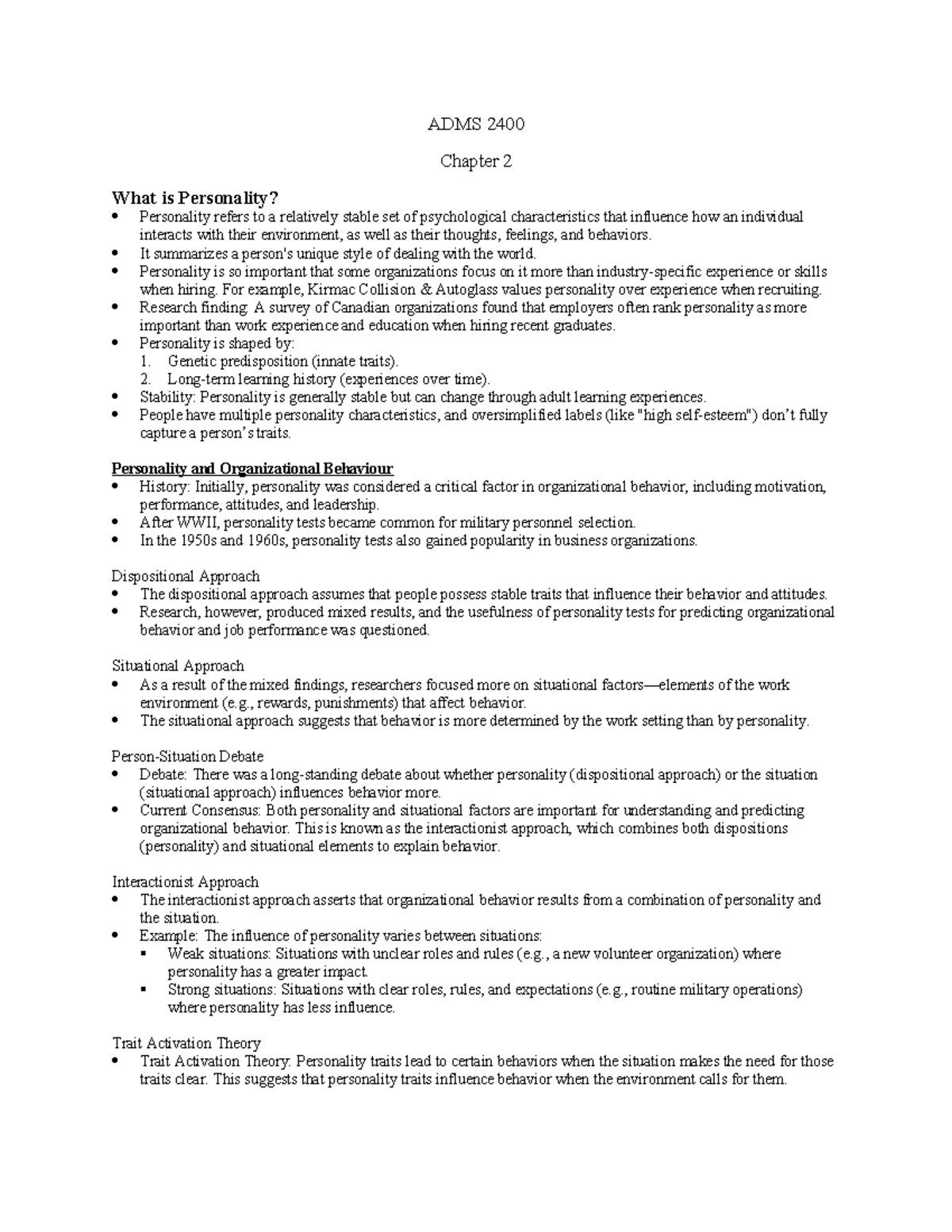 Chapter 2 - ADMS 2400 Chapter 2 What is Personality? Personality refers ...