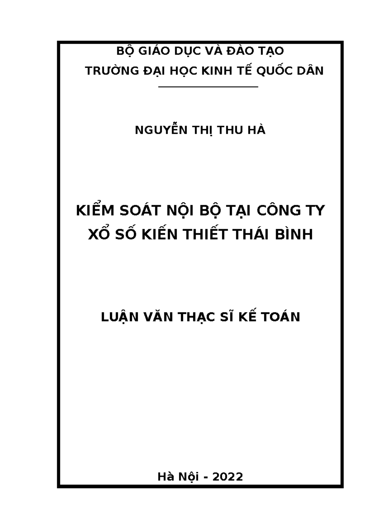 Luận văn Thạc sĩ Kế toán: Kiểm soát nội bộ tại Công ty Xổ số Thái Bình - Document Preview