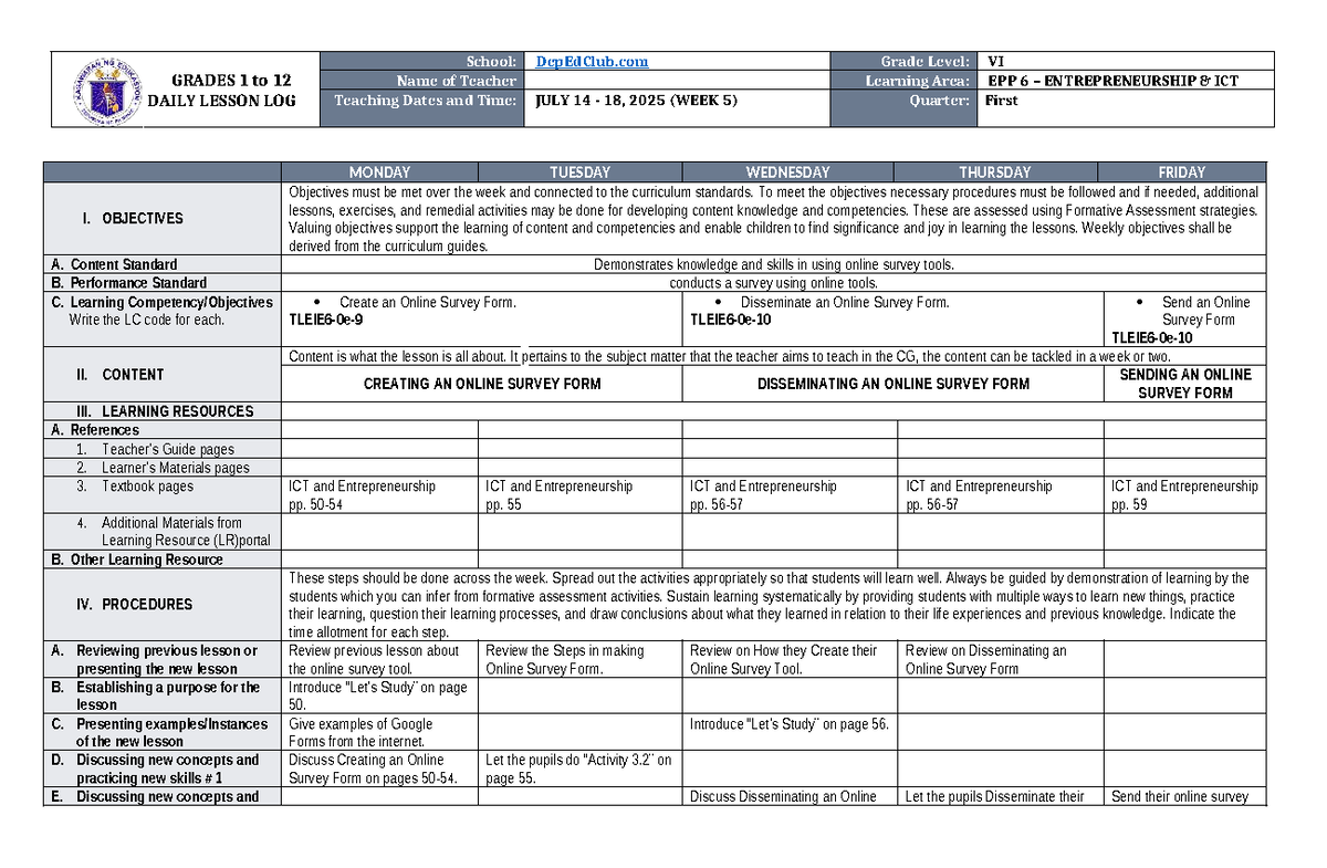 DLL TLE 6 Q1 W5 - Daily Lesson Plan for Entrepreneurship & ICT - Studocu