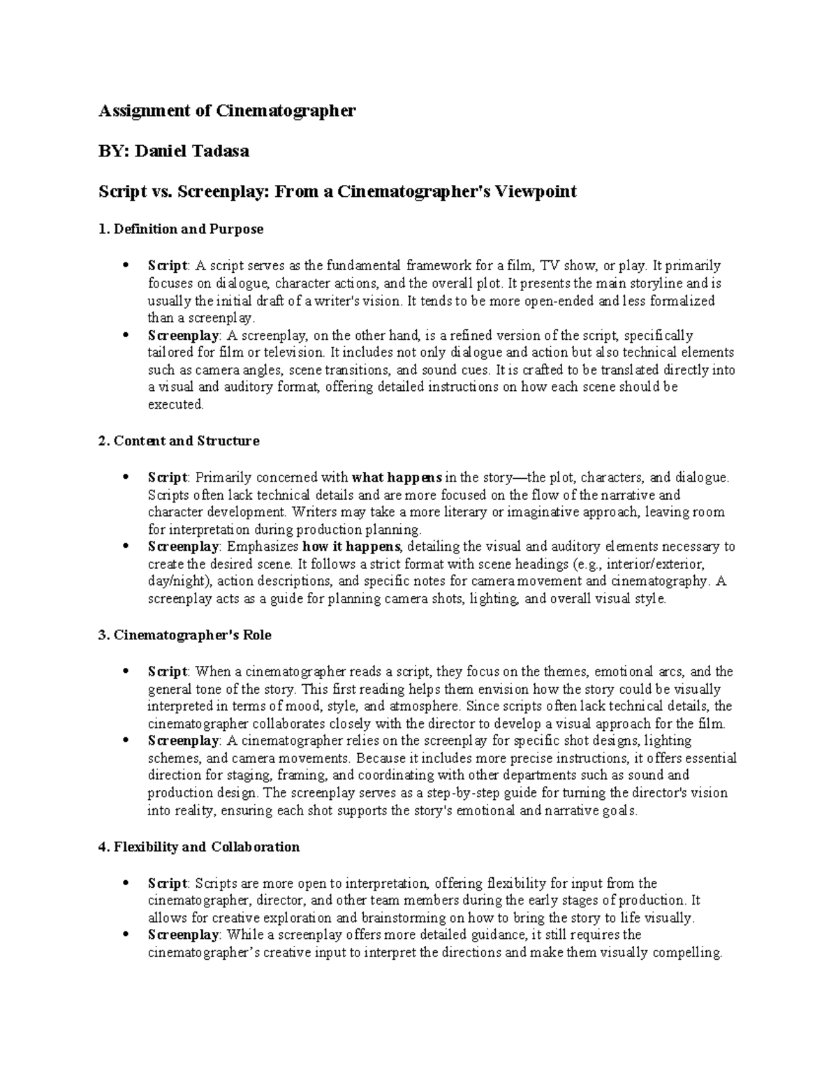 Cinematographer assignment: Script vs. screenplay analysis - Studocu