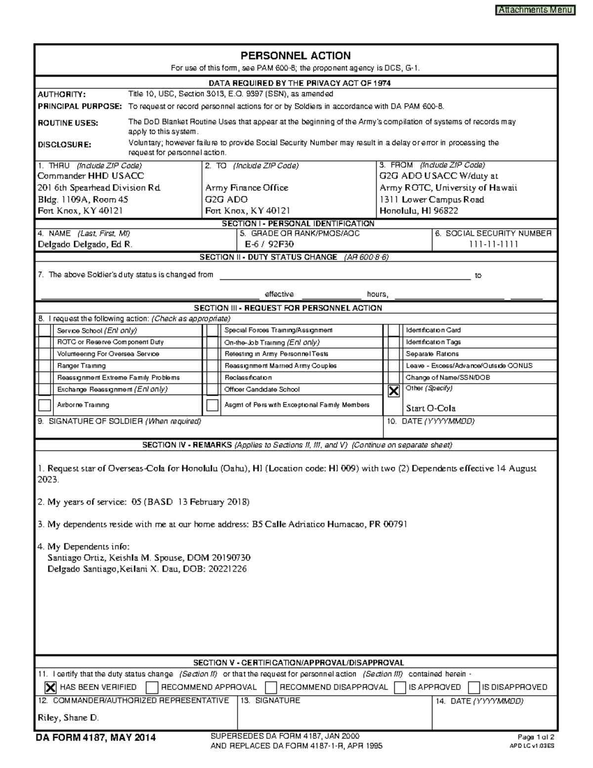 DA FORM 4187 Personnel Action Request for Ocola - Sample Guide - Studocu