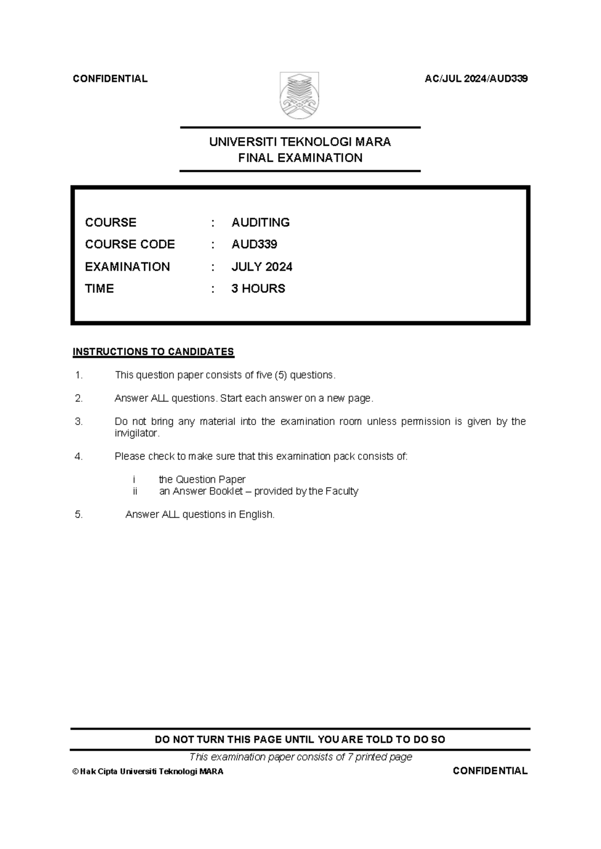 AUD339 Final Exam Paper: Auditing July 2024 - Studocu