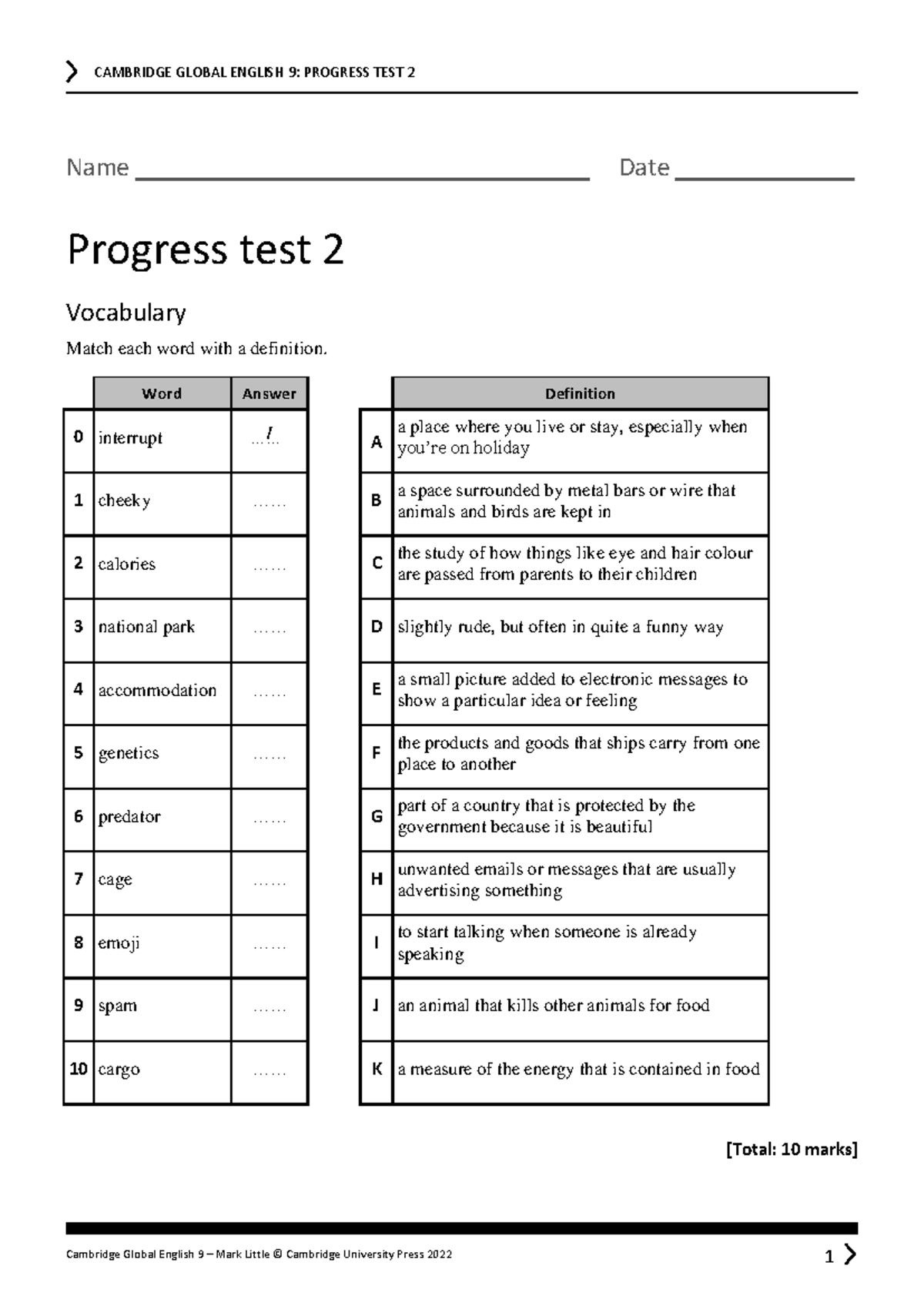 Progress Test 2 - GE 9: Vocabulary, Grammar & Reading Exercises - Studocu