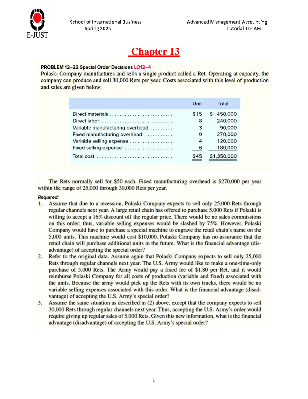 Advanced Management Accounting Tutorial AMT Chapter 13 Problem ...