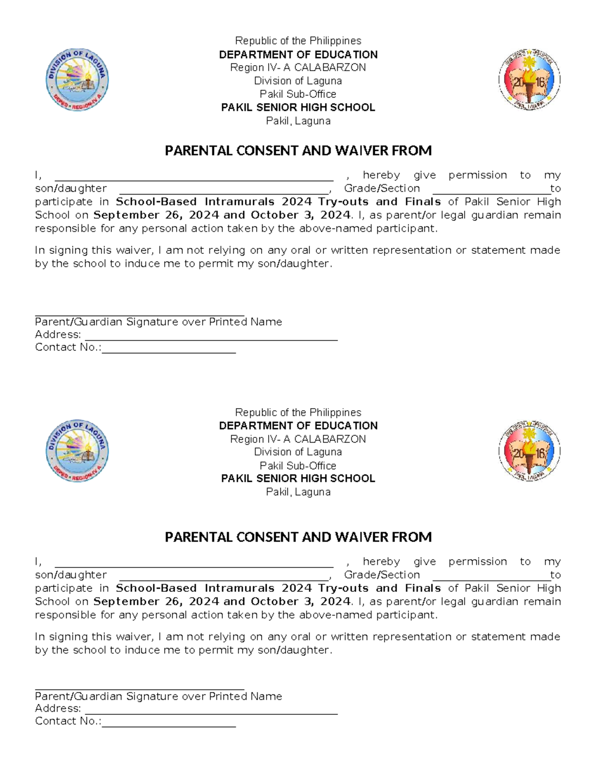 Parental Consent & Waiver for Intramurals 2024 - PAKIL SHS - Studocu