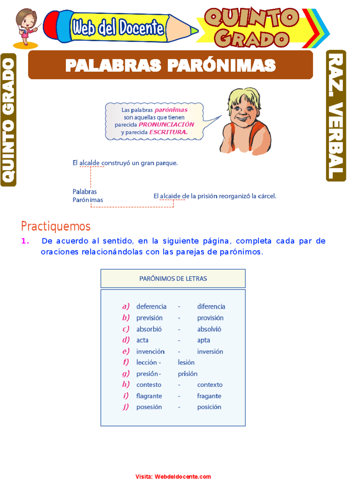 Ejercicio sobre Palabras Parónimas para Quinto Grado de Primaria - Studocu