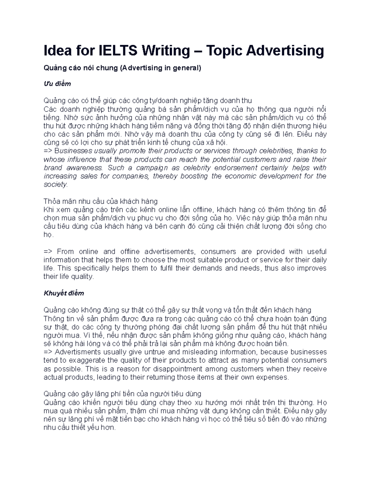 Ideas for IELTS Writing: Advertising Insights and Impacts - Studocu